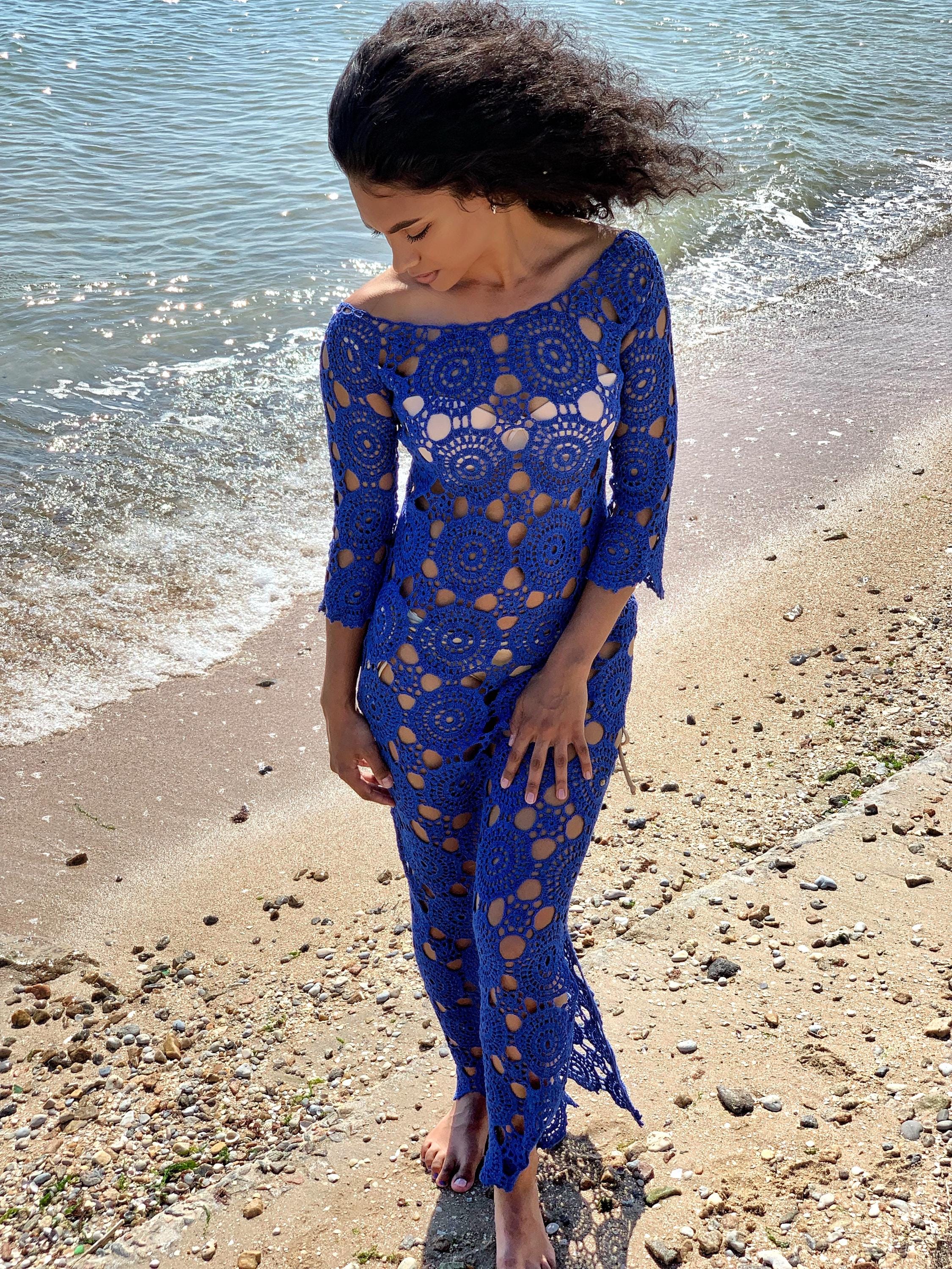 Beach crochet blue maxi dress for beach wedding Blue White Wedding dress beach boho maxi dress Cover up Womens beach cover up