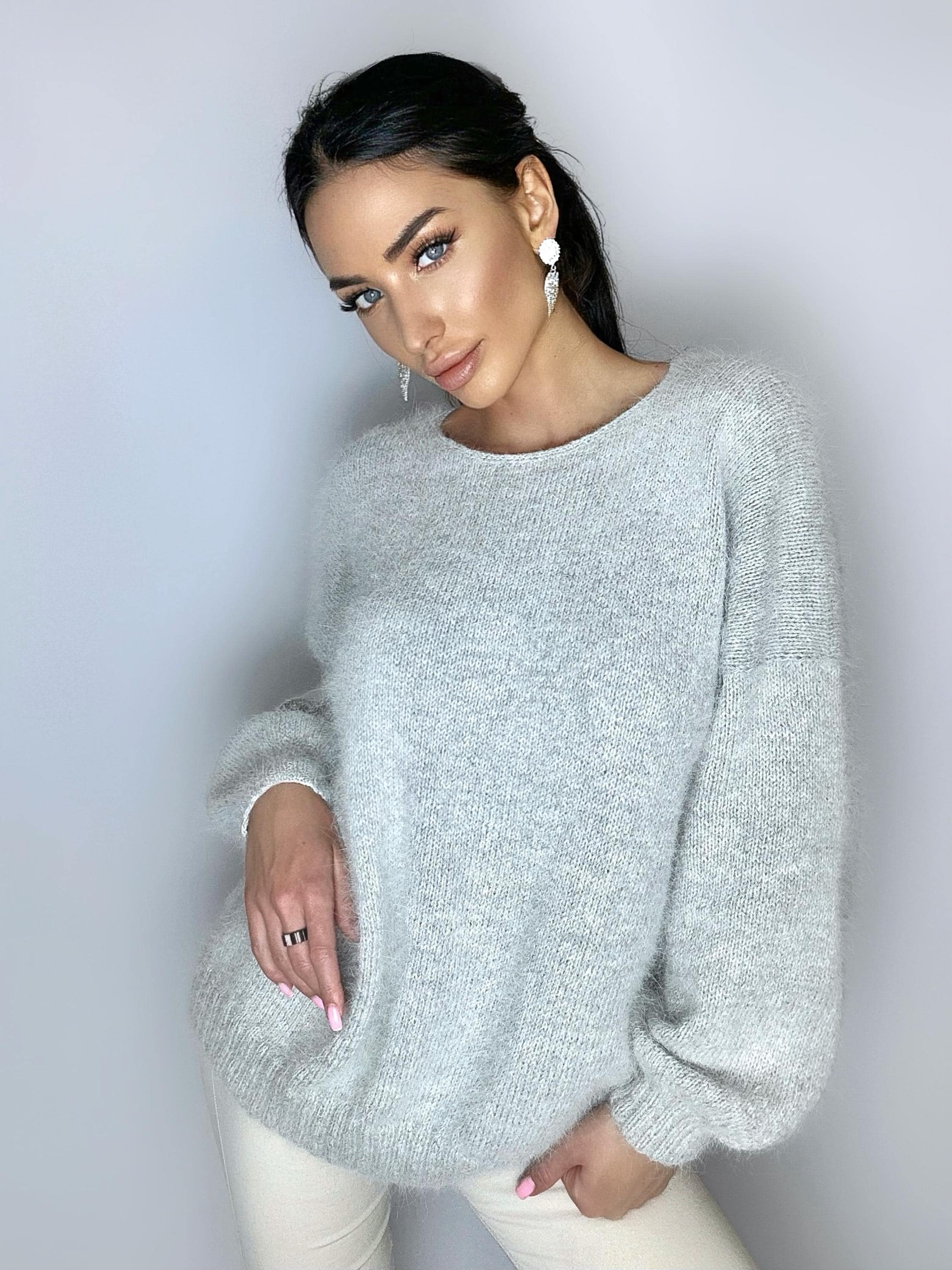 White Gray melange angora wool knit sweater dress Knit fluffy angora pullover Round collar Loose fit oversized Long sleeve Cozy sweater
