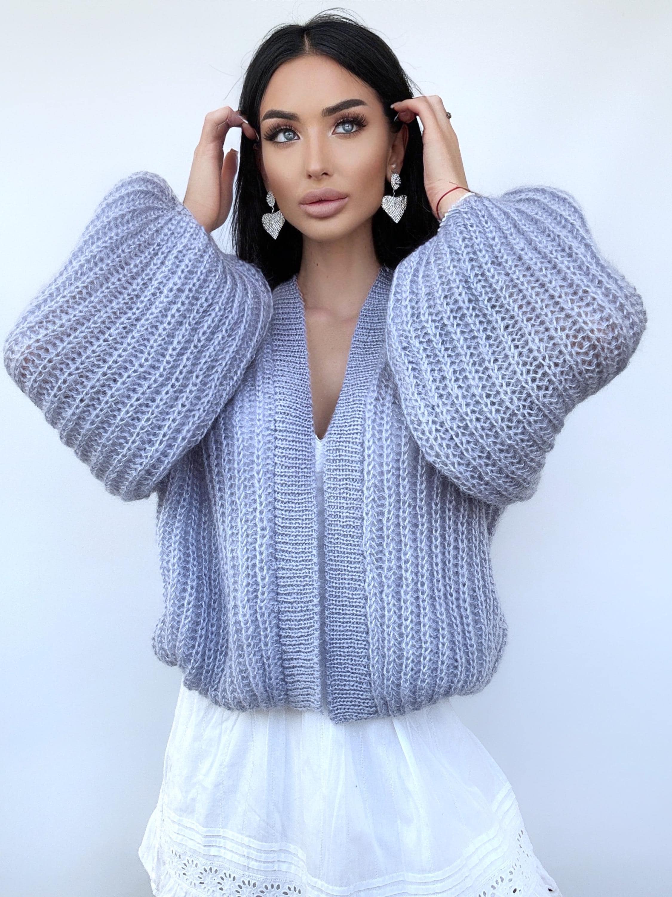 Mohair blue cardigan women Wedding cardigan Mohair sweater knitted coat Jacket Women Bridal shrug bolero wool Fluffy short cardigan