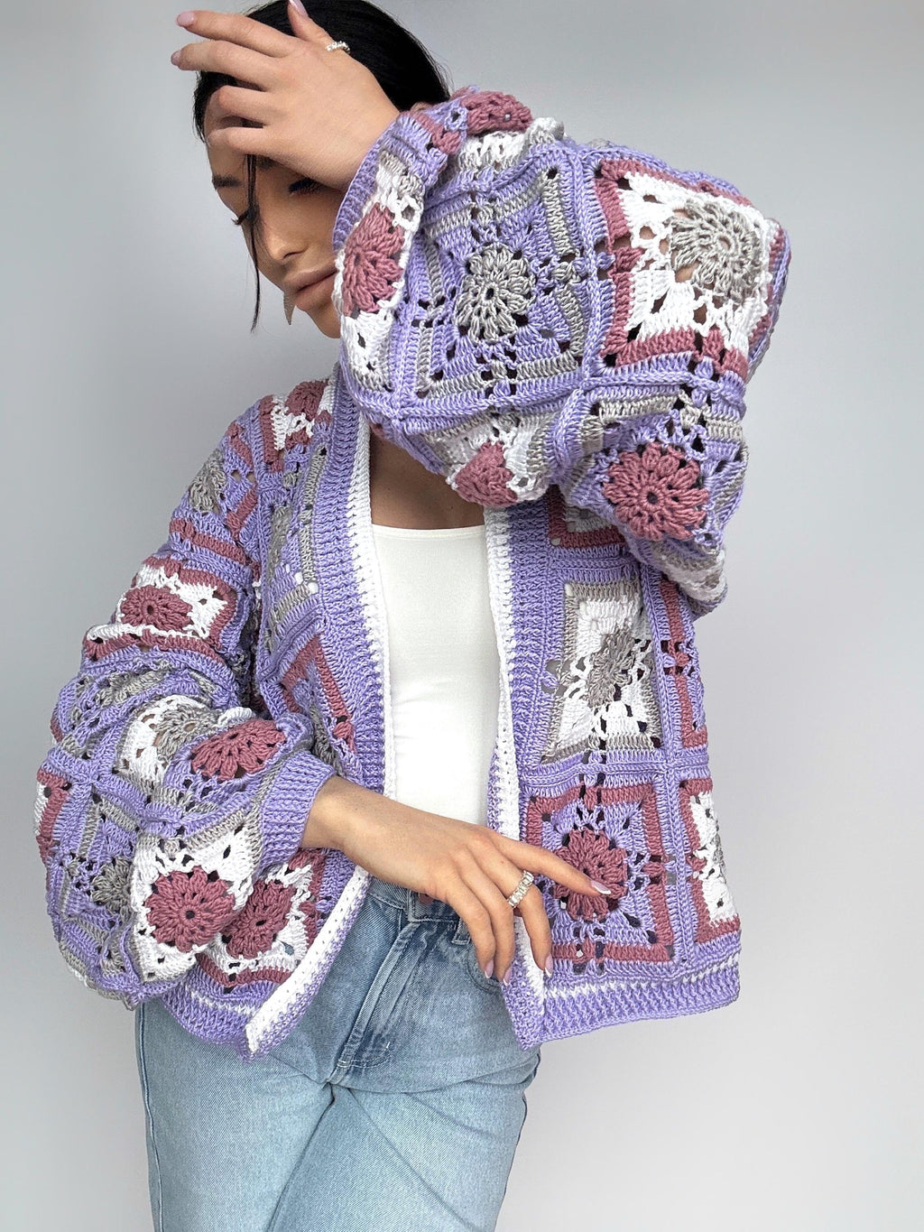 Crochet granny square Lilac Gray White cardigan Crochet colorful cardigan Patchwork cardigan coat women Jacket Boho Afghan Festival Coat