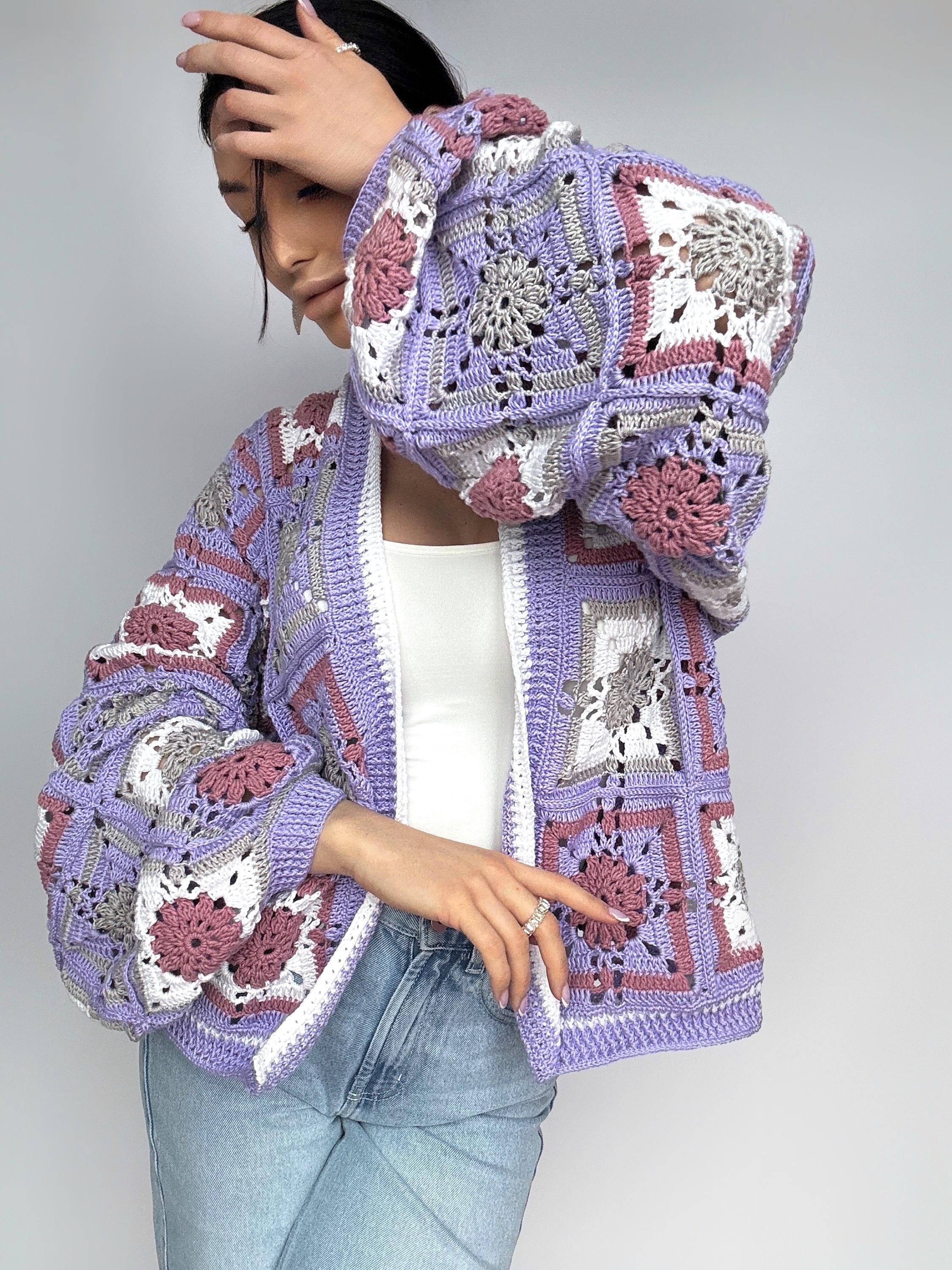 Crochet granny square Lilac Gray White cardigan Crochet colorful cardigan Patchwork cardigan coat women Jacket Boho Afghan Festival Coat