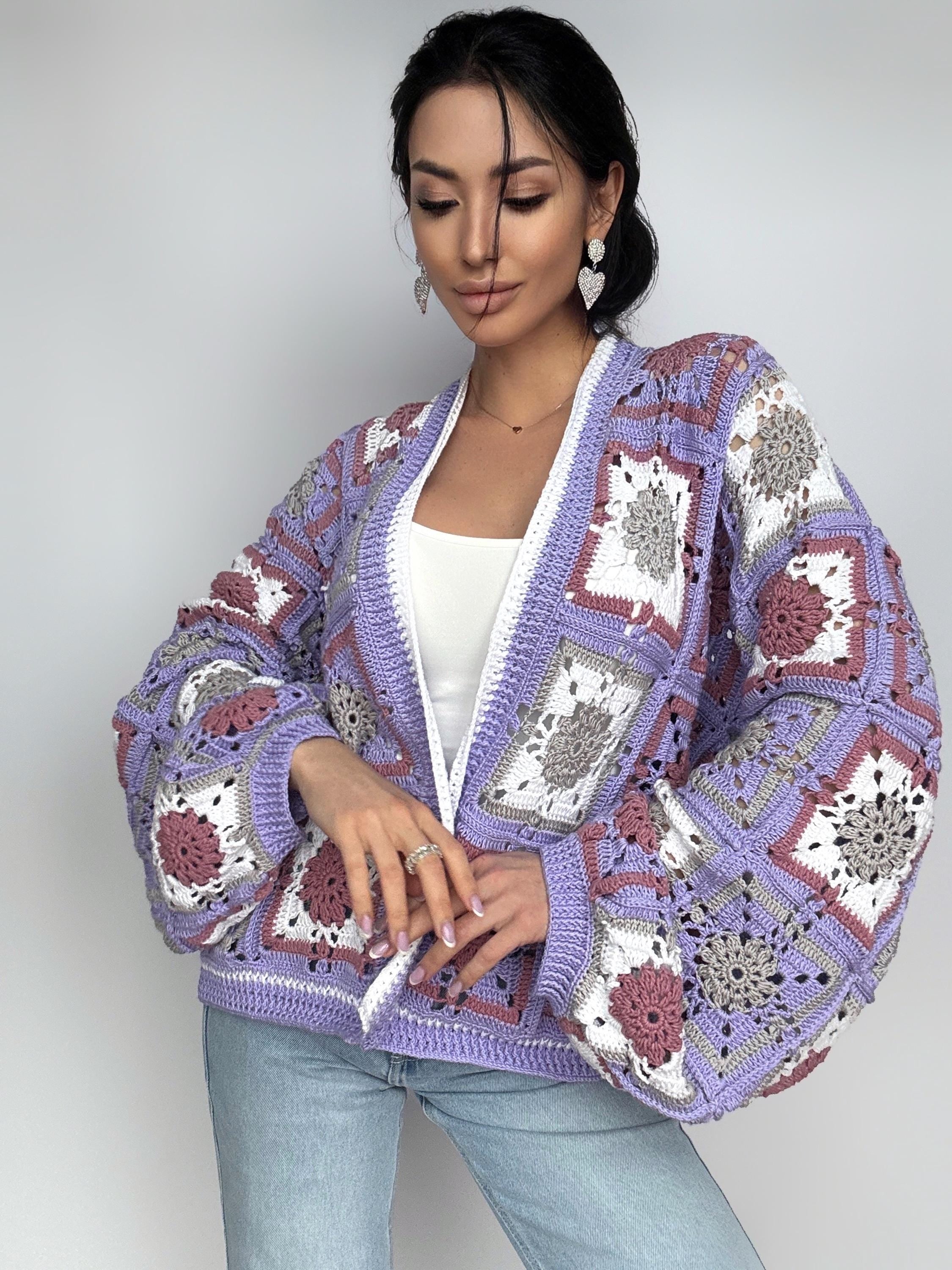 Crochet granny square Lilac Gray White cardigan Crochet colorful cardigan Patchwork cardigan coat women Jacket Boho Afghan Festival Coat