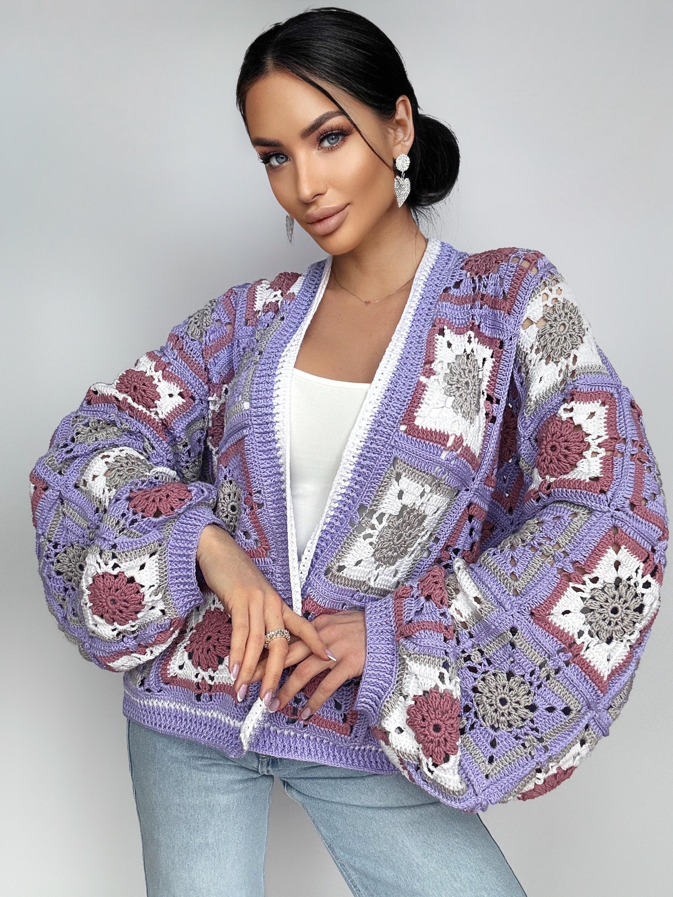 Crochet Lavender granny square Lilac White cardigan women Colourful cotton Patchwork cardigan coat women Jacket Boho Afghan Festival Coat