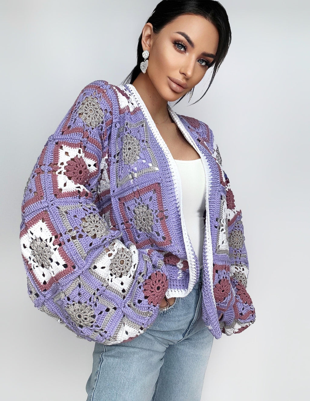 Crochet granny square Lilac Gray White cardigan Crochet colorful cardigan Patchwork cardigan coat women Jacket Boho Afghan Festival Coat