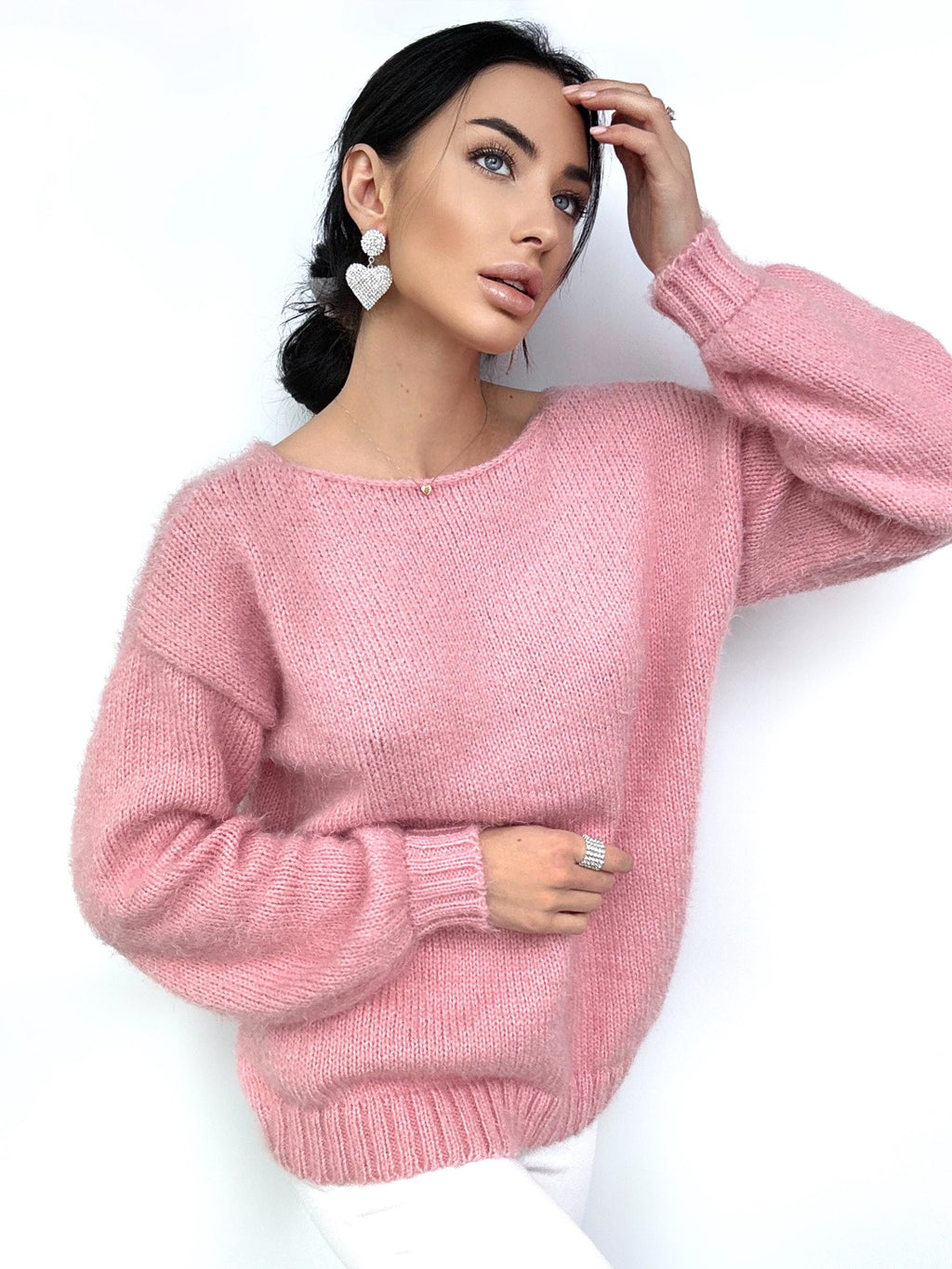 Hand knit Pink Powder wool FREE soft fluffy body friendly sweater Open back Deep V-neckline Analogue of angora pullover Loose fit oversize