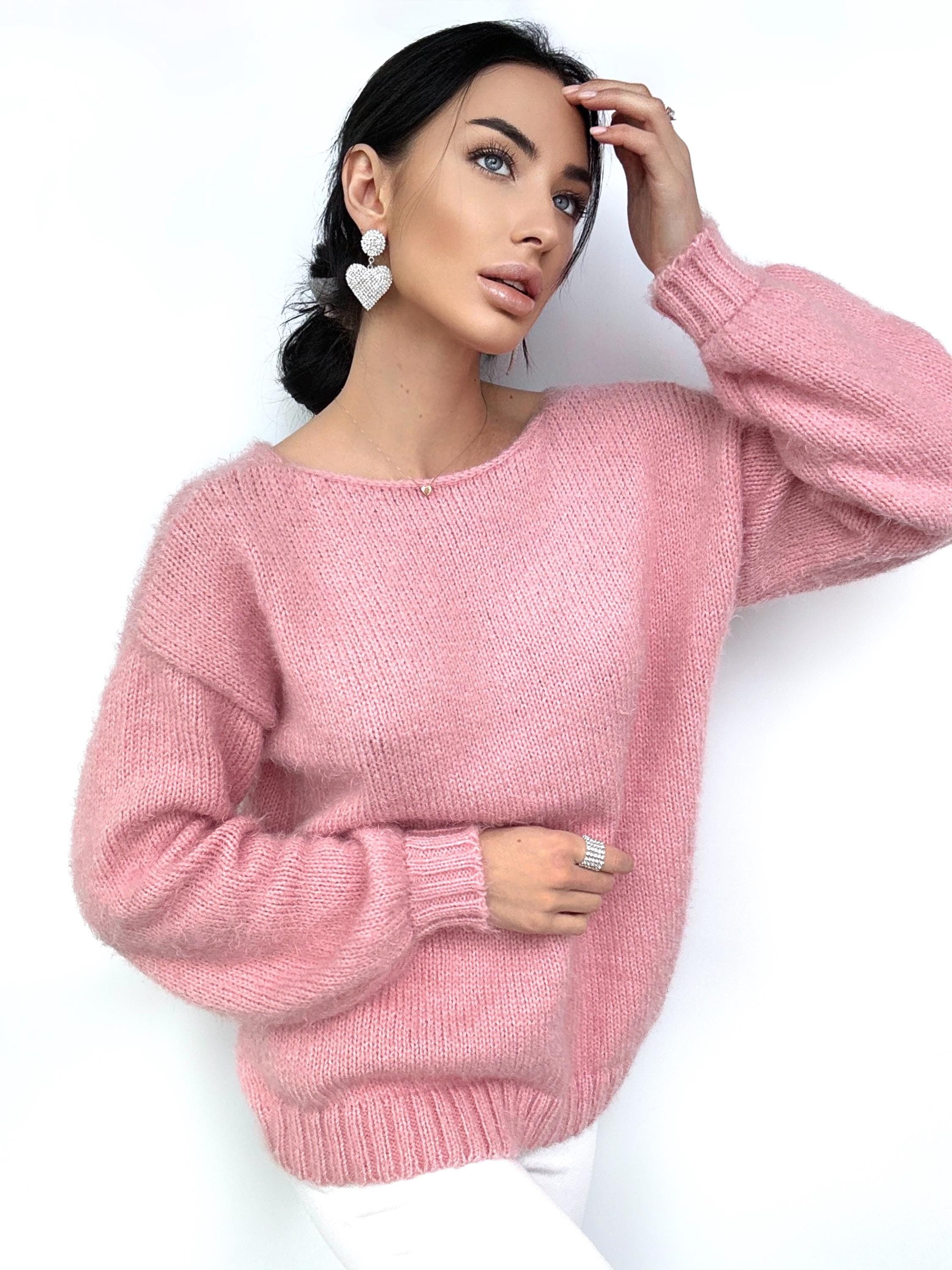 Hand knit Pink Powder wool FREE soft fluffy body friendly sweater Open back Deep V-neckline Analogue of angora pullover Loose fit oversize