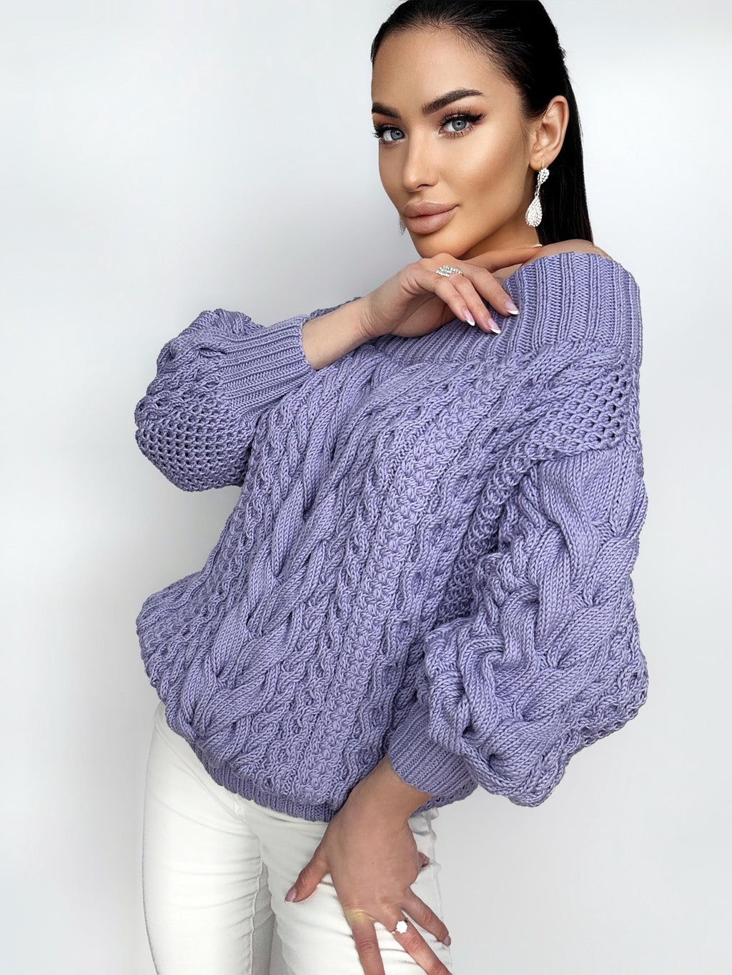 Chunky hand knit cotton Lavender off shoulders sweater women Oversized pullover Cable knit chunky sweater puff sleeves Loose knit