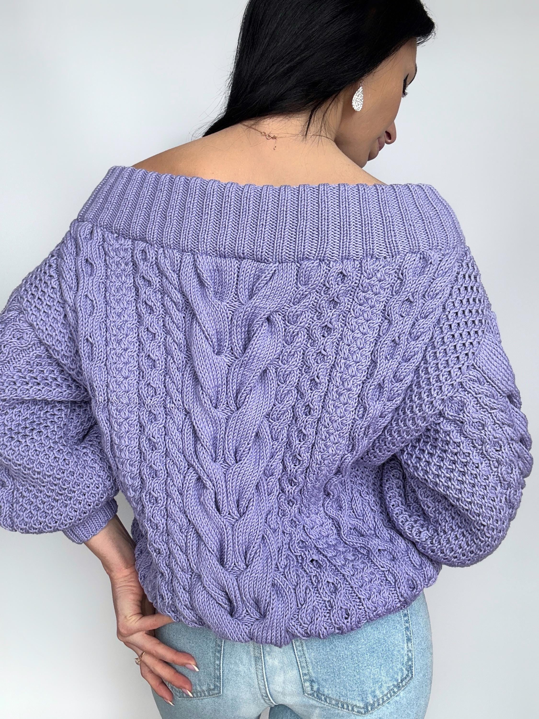 Chunky hand knit cotton Lavender off shoulders sweater women Oversized pullover Cable knit chunky sweater puff sleeves Loose knit