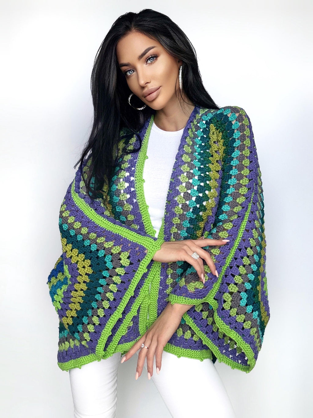 Crochet green kimono cardigan womens Granny Stitch Cardigan Bomber Boho style Oversize handmade Jacket Haori Open wool jacket Hexagon Coat