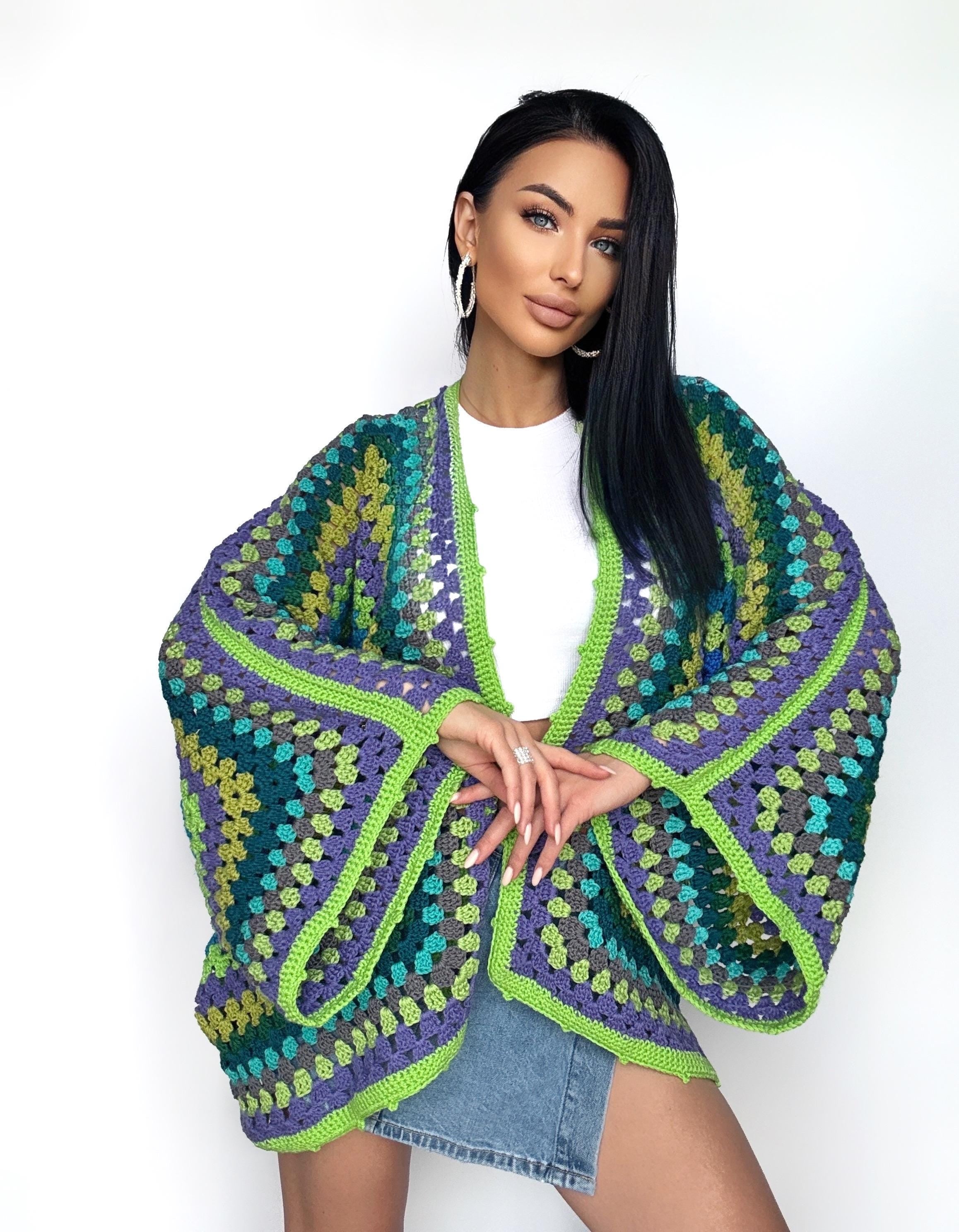 Crochet green kimono cardigan womens Granny Stitch Cardigan Bomber Boho style Oversize handmade Jacket Haori Open wool jacket Hexagon Coat