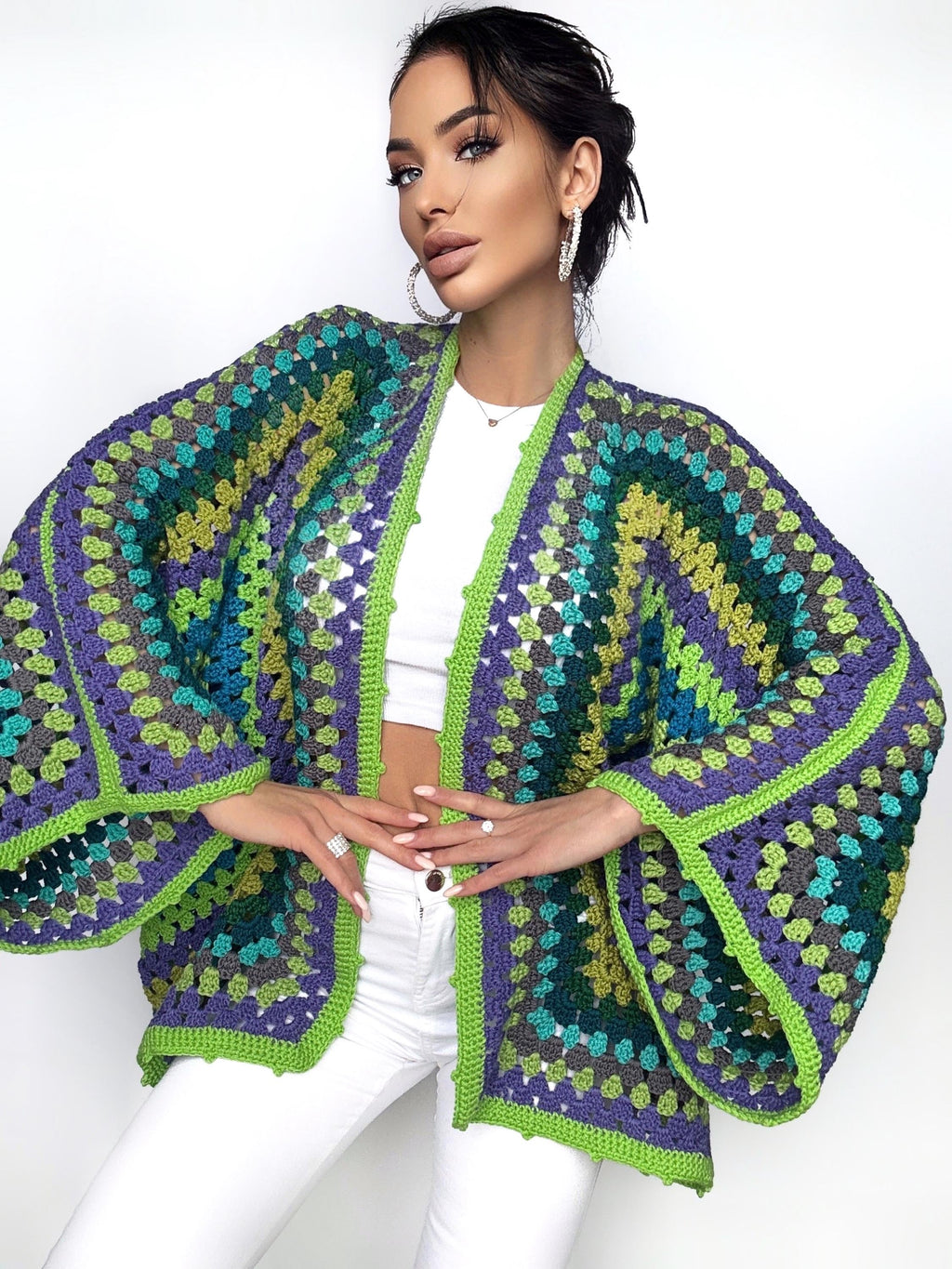 Crochet green kimono cardigan womens Granny Stitch Cardigan Bomber Boho style Oversize handmade Jacket Haori Open wool jacket Hexagon Coat