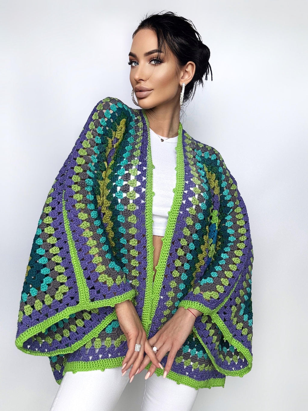 Crochet green kimono cardigan womens Granny Stitch Cardigan Bomber Boho style Oversize handmade Jacket Haori Open wool jacket Hexagon Coat