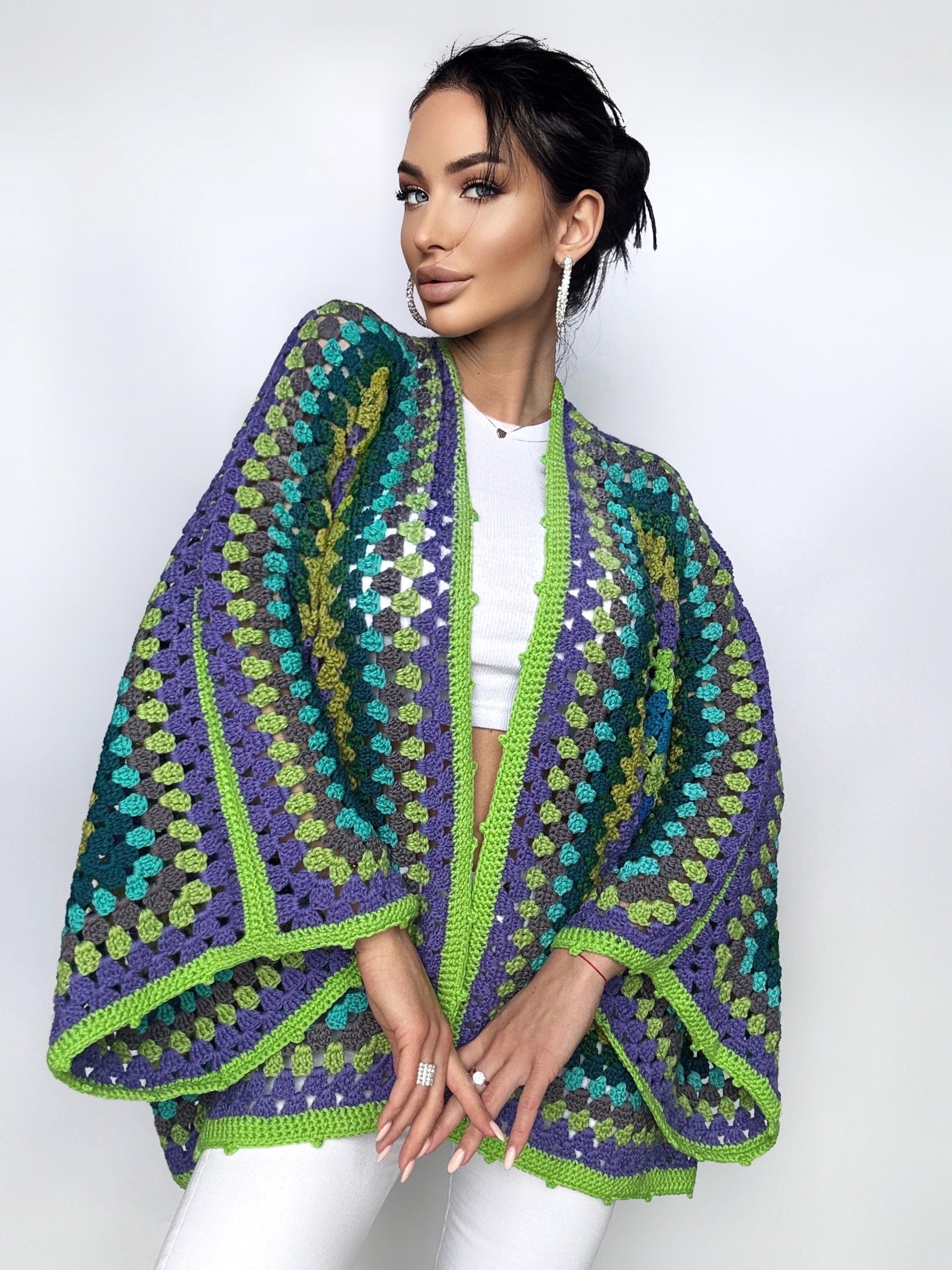 Crochet green kimono cardigan womens Granny Stitch Cardigan Bomber Boho style Oversize handmade Jacket Haori Open wool jacket Hexagon Coat