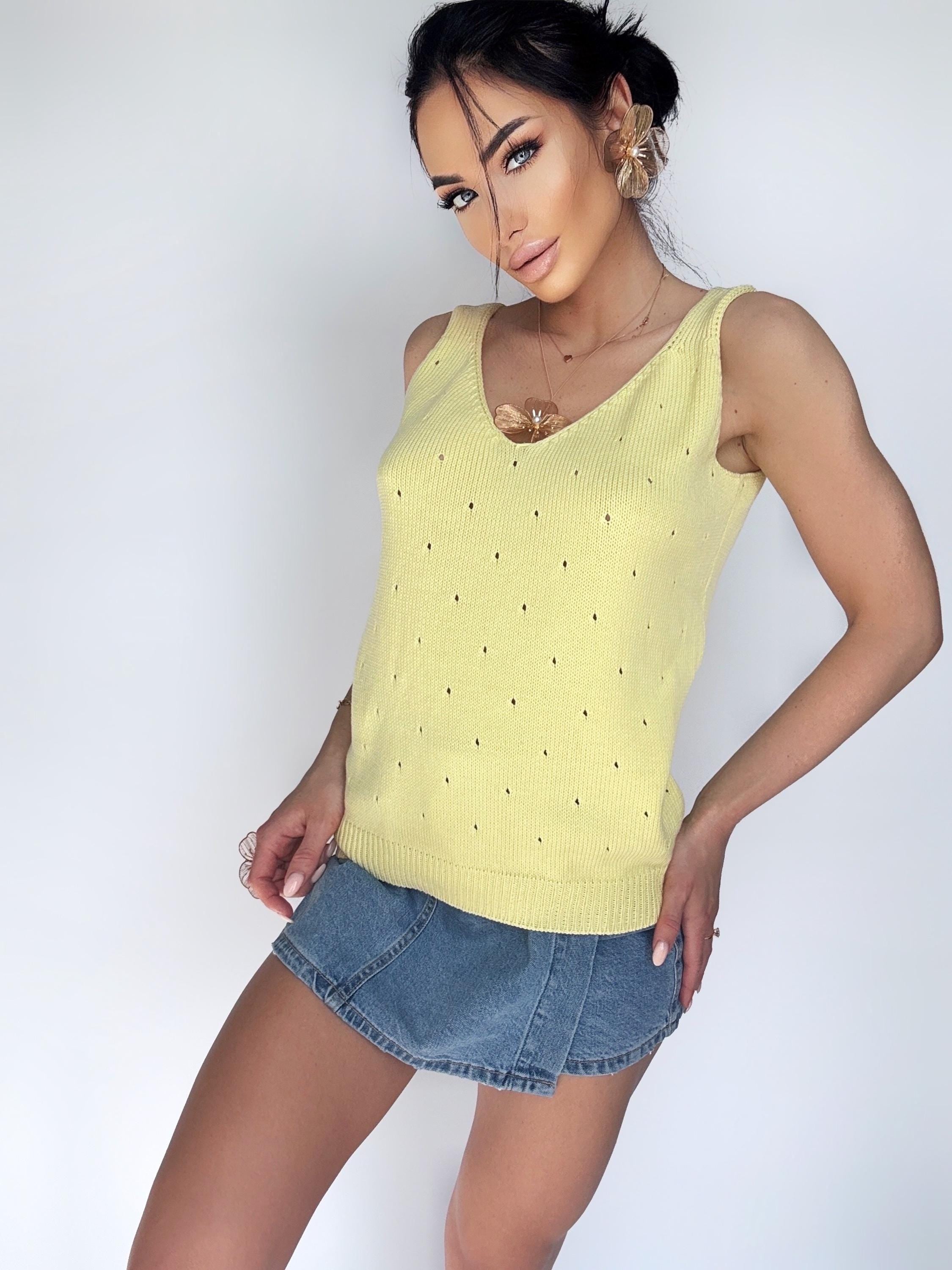 Yellow cotton knit crochet womens Top V neck summer knittted long top Lemon t-shirt Tank Top Vintage knit loose top spaghetti strap tank