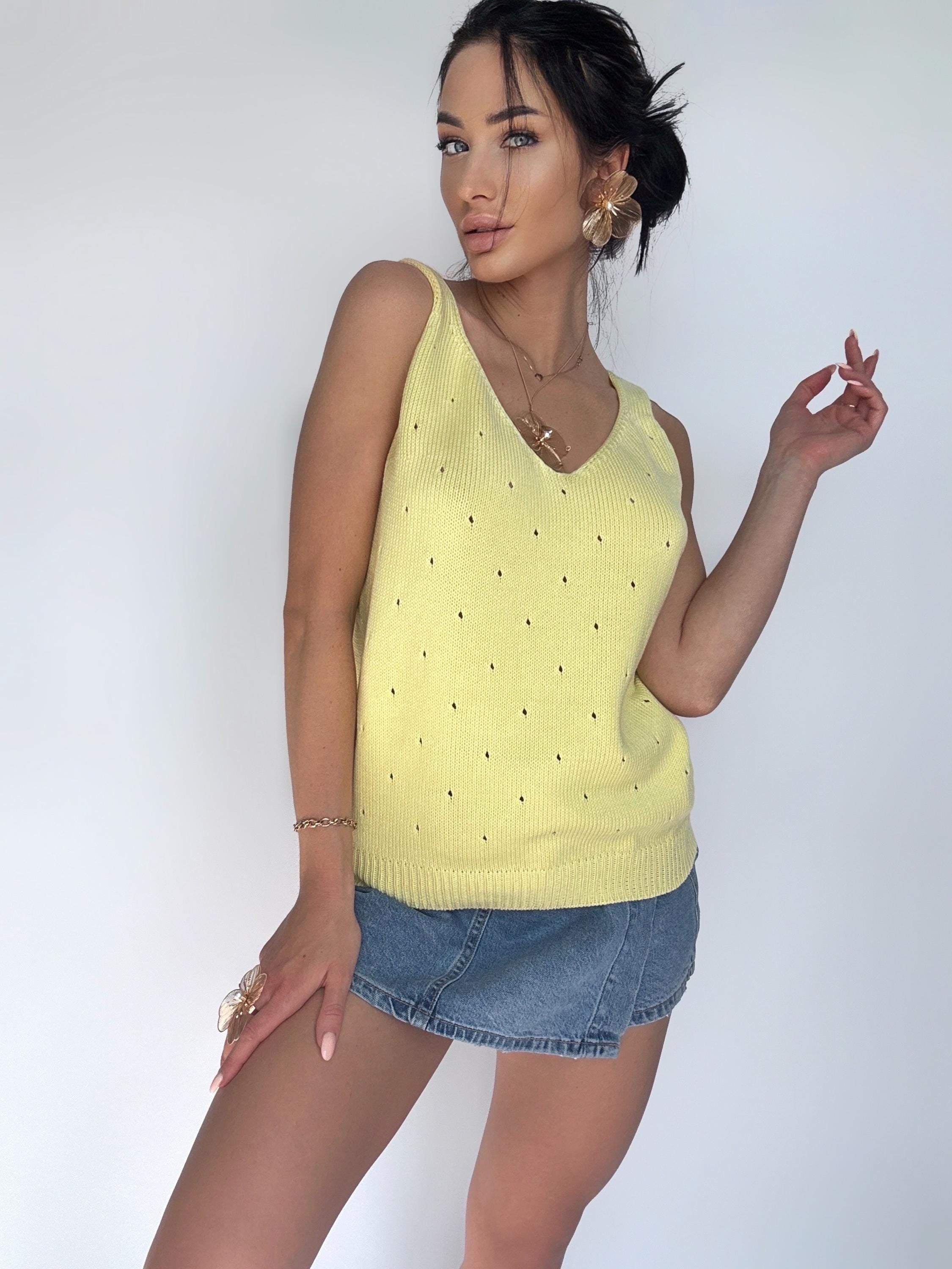 Cotton Yellow Knit Women's Top V Neck Knit Top Crochet summer knit top Lemon Tank Top Knitted tank Vintage crochet top Knit loose long tan