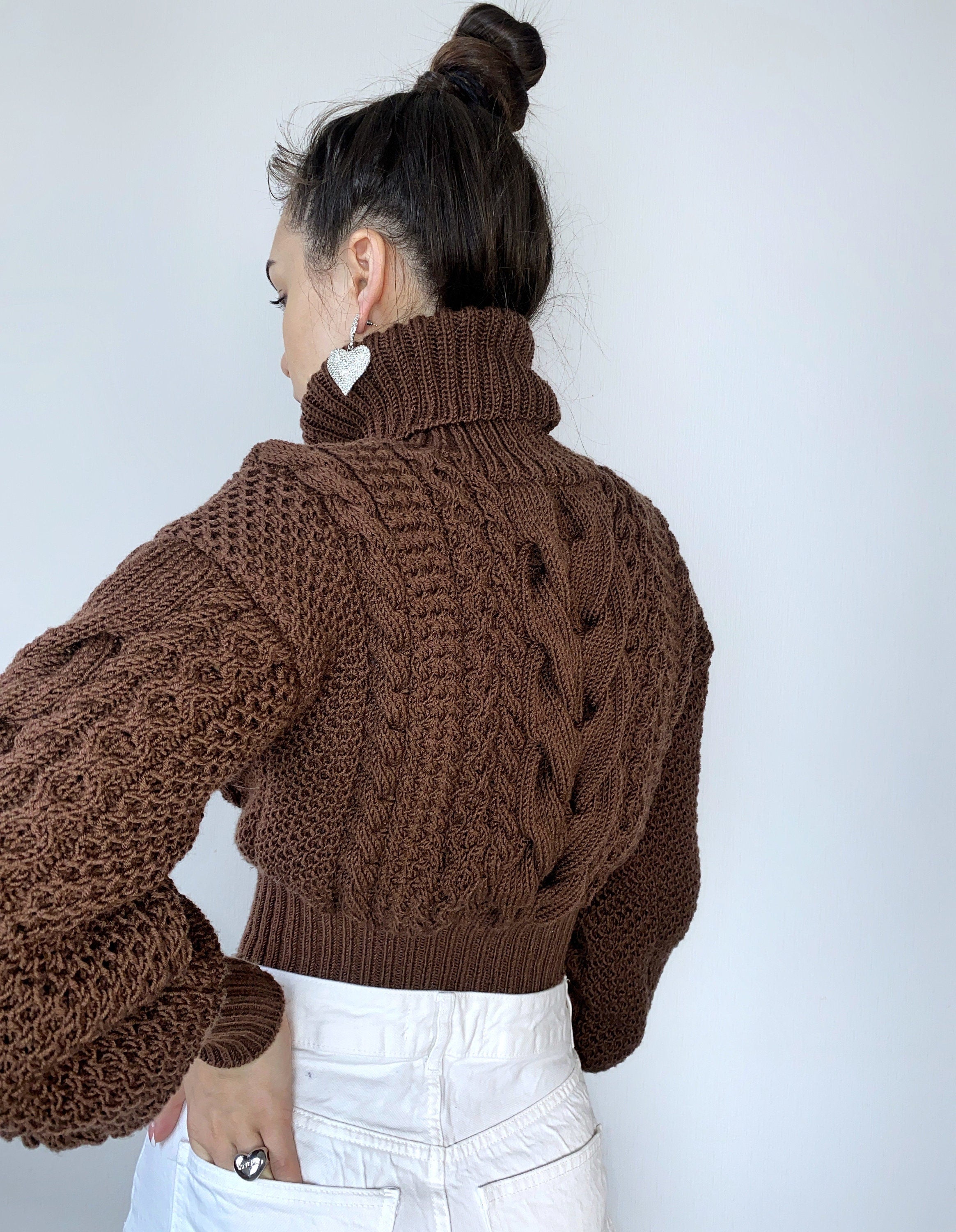 Crop hand knitted brown merino wool sweater Chunky Knit Turtleneck Oversized Pullover Women's Cable knit Jumper cozy wool winter sweater