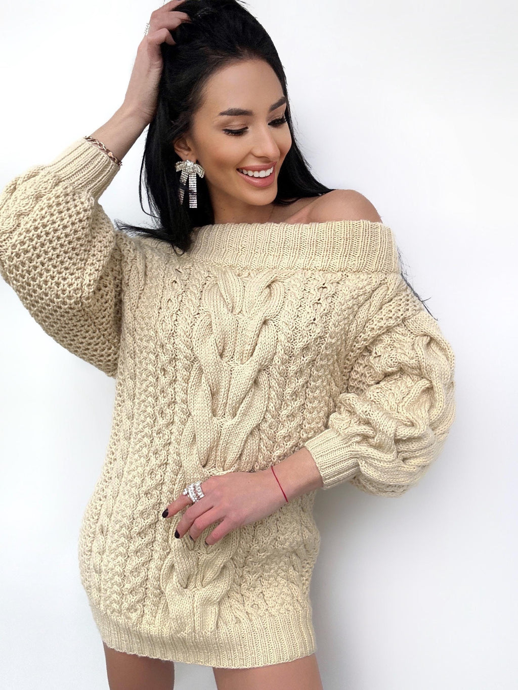 Hand knit sweater dresses women light beige off shoulder sweater dress Long Cable wool sweater Knitted one shoulder dress Big cozy pulover