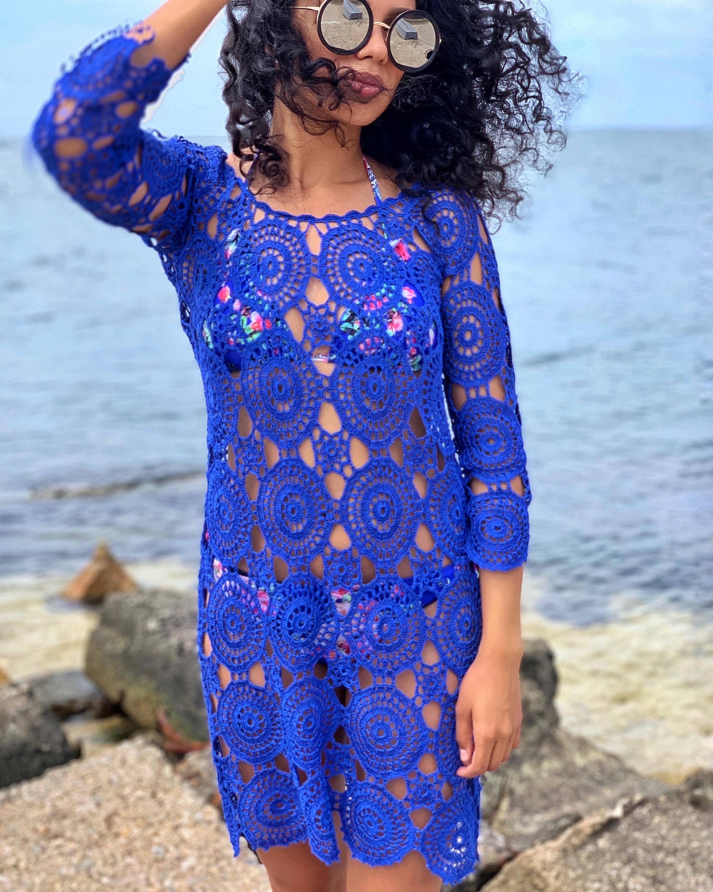Crochet lace blue beach dress cover ups Beach tunic Organic cotton crochet tunic dress for beach vintage Beachwear Lace crochet сape