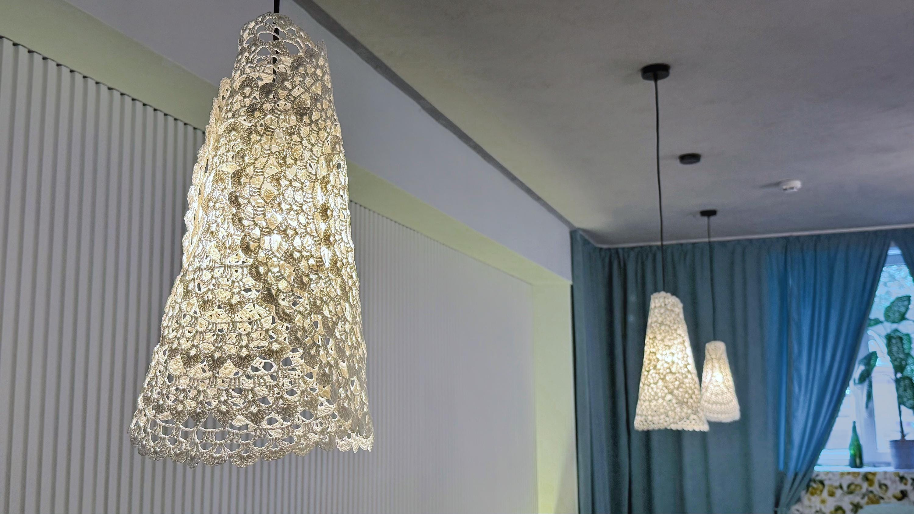 Modern Crochet Lights Boho Light Pendant Crochet White Cream Frame Lampshade Fringe Chandelier Handmade Suspension Light Fiesta Lampshade