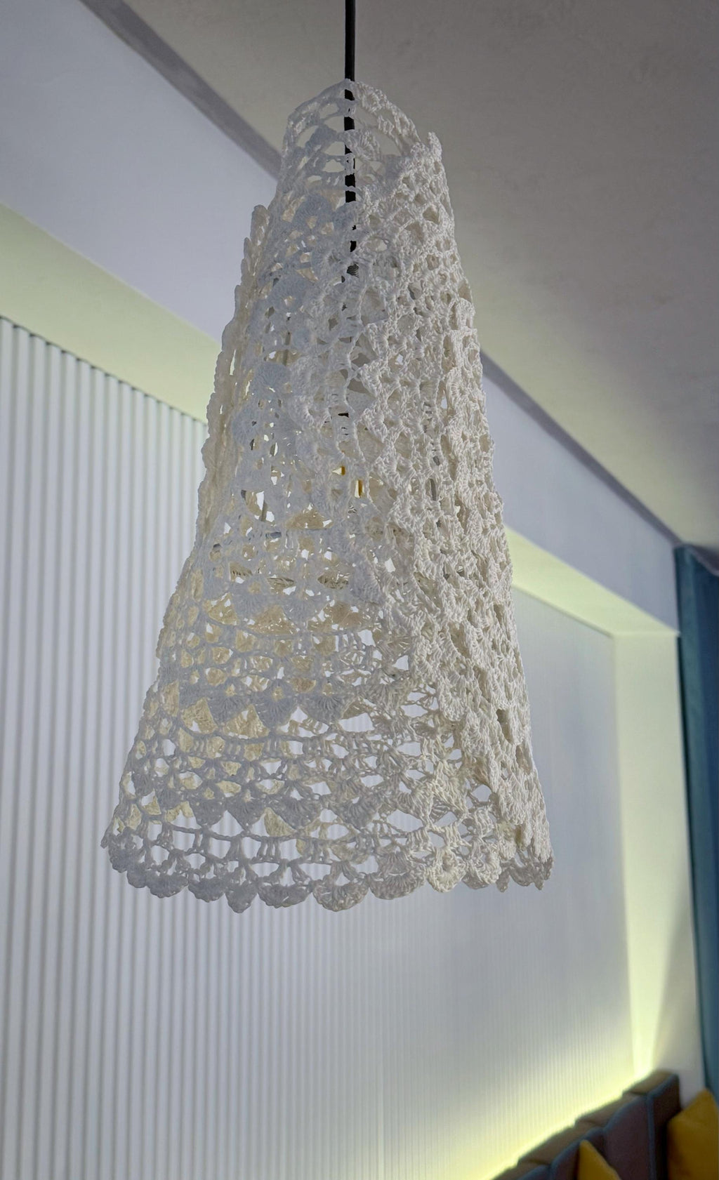 Crochet Lights Boho Light Pendant Crochet White Cream Frame Lampshade Fringe Crochet Chandelier Handmade Suspension Light Fiesta Lampshade