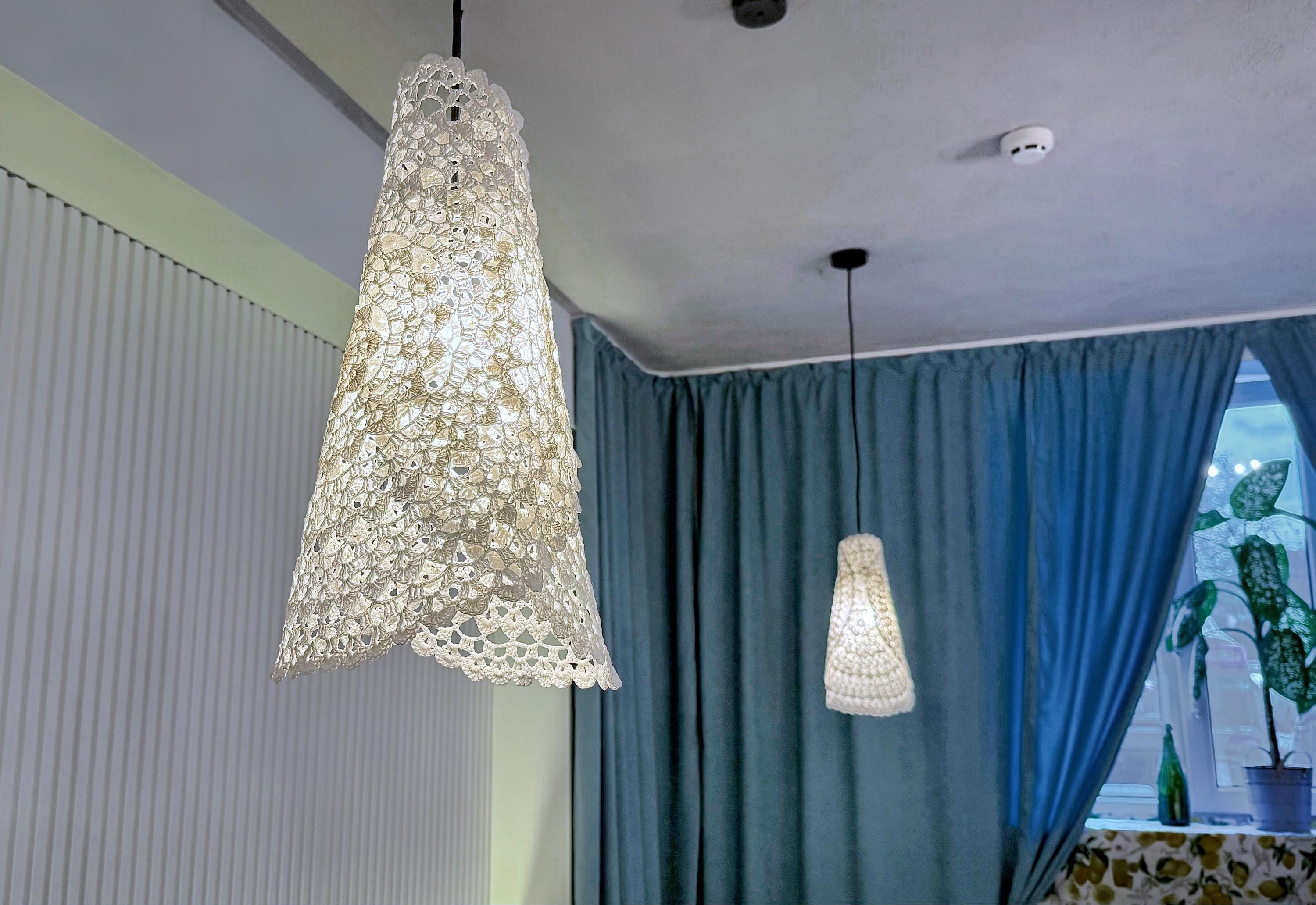 Crochet Lights Boho Light Pendant Crochet White Cream Frame Lampshade Fringe Crochet Chandelier Handmade Suspension Light Fiesta Lampshade