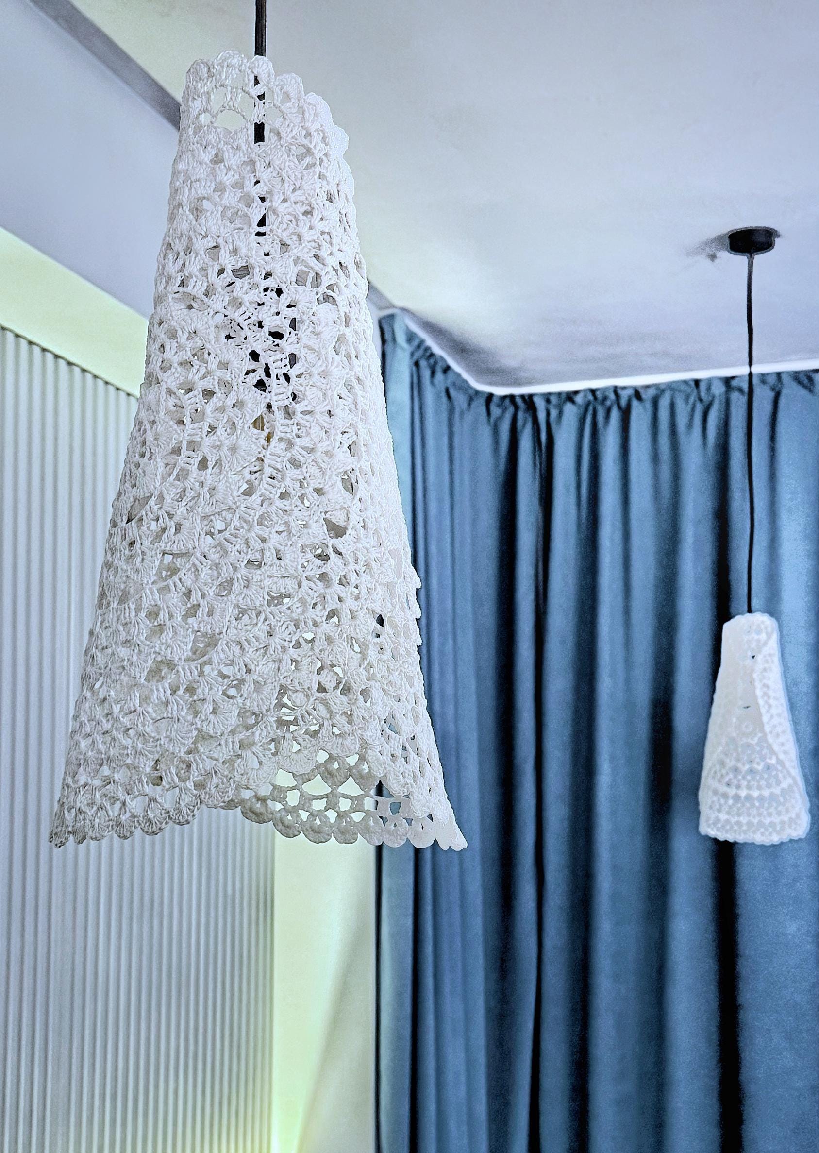 Crochet Lights Boho Light Pendant Crochet White Cream Frame Lampshade Fringe Crochet Chandelier Handmade Suspension Light Fiesta Lampshade