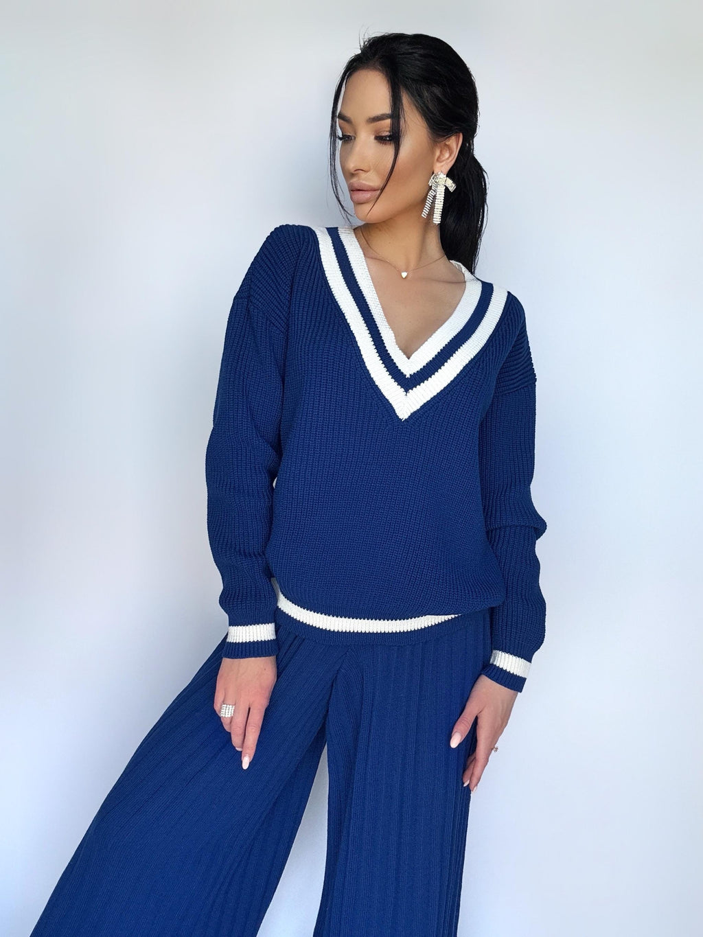 Knitted two piece set for women/Blue merino knit pantsuit/knit v-neck sweater pleated pants/Bright sweater and pants/Knit Sweater Set Women