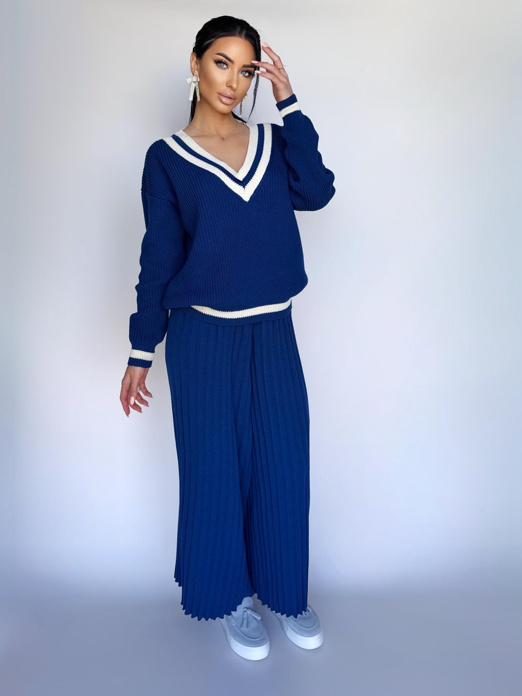 Knitted two piece set for women/Blue merino knit pantsuit/knit v-neck sweater pleated pants/Bright sweater and pants/Knit Sweater Set Women