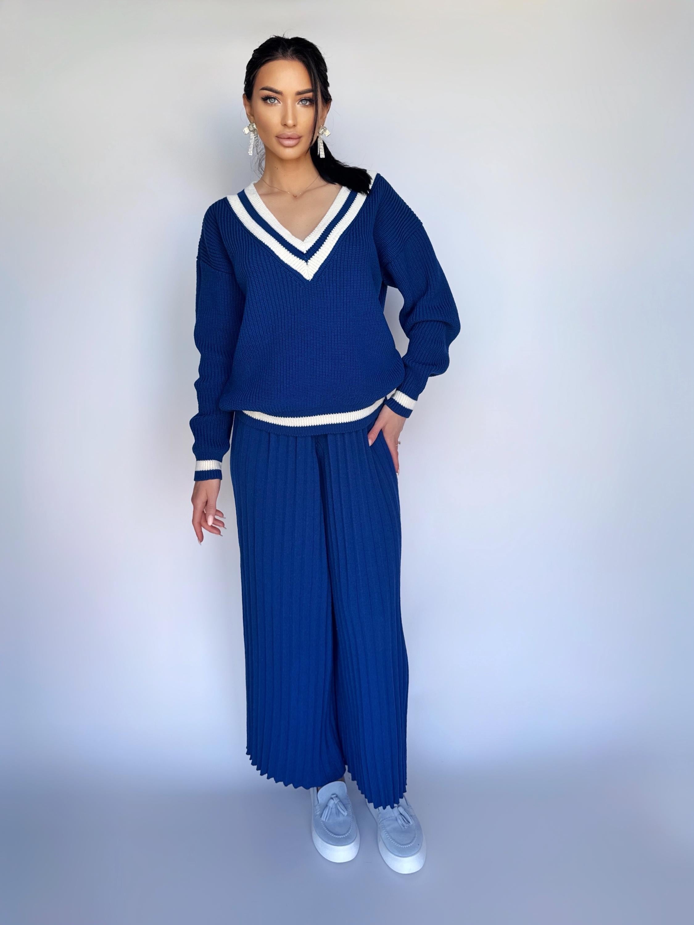 Knitted two piece set for women/Blue merino knit pantsuit/knit v-neck sweater pleated pants/Bright sweater and pants/Knit Sweater Set Women