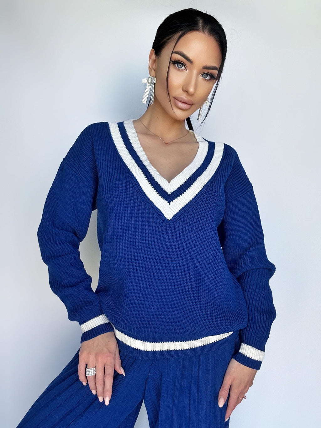 Knitted two piece set for women/Blue merino knit pantsuit/knit v-neck sweater pleated pants/Bright sweater and pants/Knit Sweater Set Women
