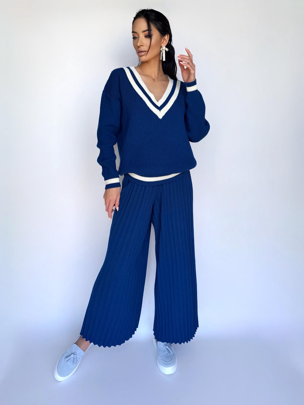 Knitted two piece set for women/Blue merino knit pantsuit/knit v-neck sweater pleated pants/Bright sweater and pants/Knit Sweater Set Women