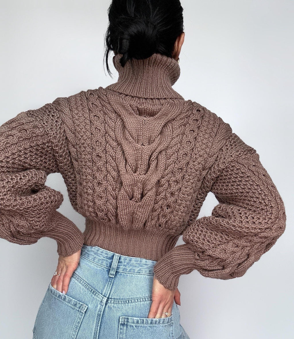 Crop hand knitted Chocolate brown retro merino wool sweater Chunky Knit Turtleneck Pullover Women's Cable knit cozy wool winter sweater