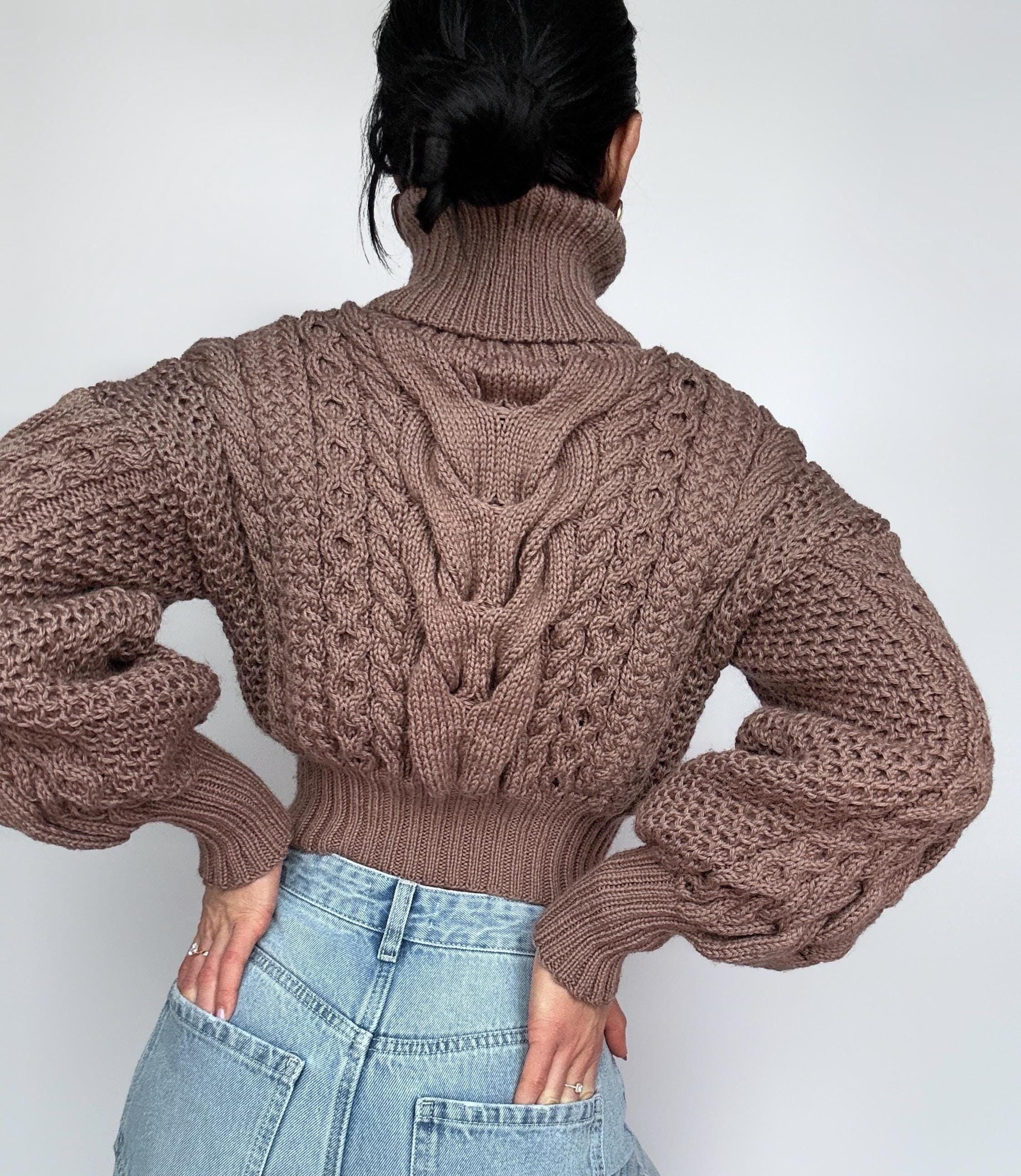 Crop hand knitted Chocolate brown retro merino wool sweater Chunky Knit Turtleneck Pullover Women's Cable knit cozy wool winter sweater