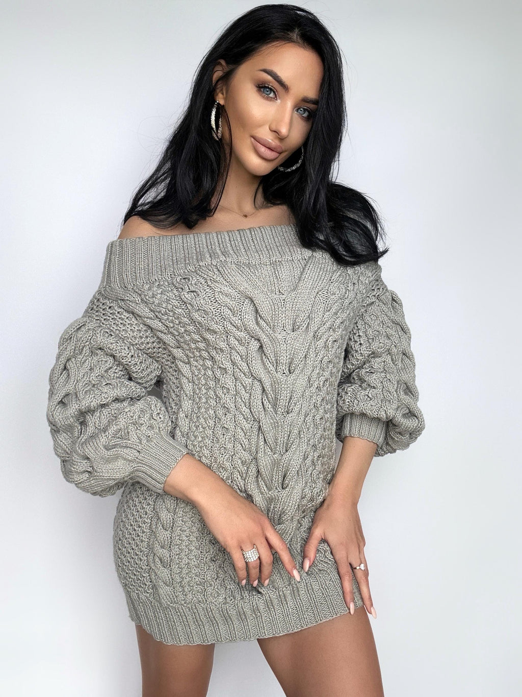Aran long gray wool sweater dress open shoulders knitted one shoulder dress Cable knit sweater wide sleeves off shoulder sweater for women