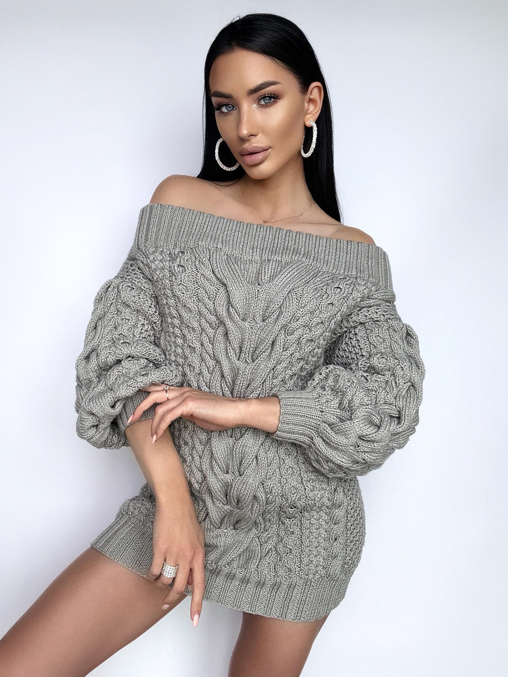 Aran long gray wool sweater dress open shoulders knitted one shoulder dress Cable knit sweater wide sleeves off shoulder sweater for women