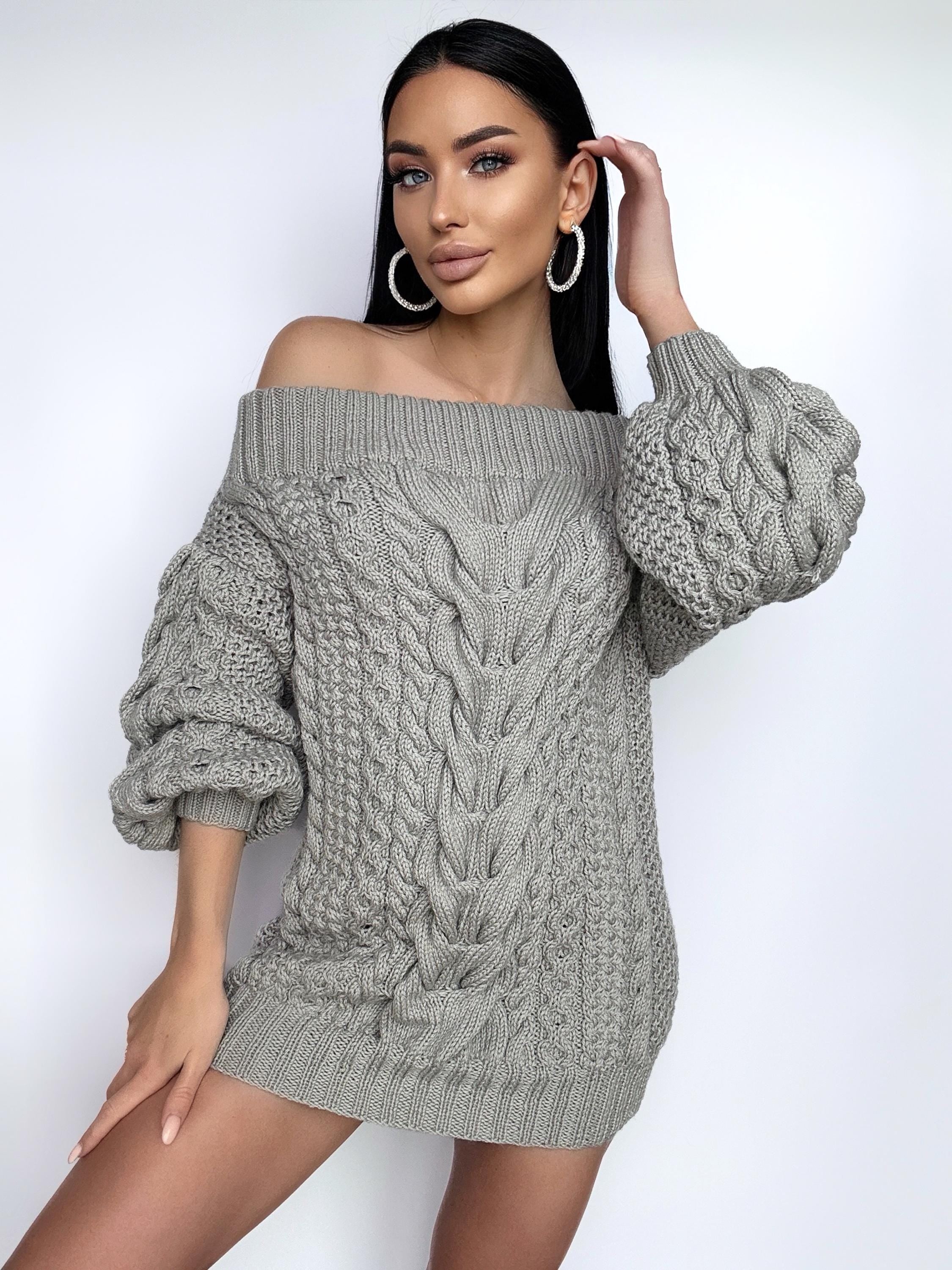 Aran long gray wool sweater dress open shoulders knitted one shoulder dress Cable knit sweater wide sleeves off shoulder sweater for women