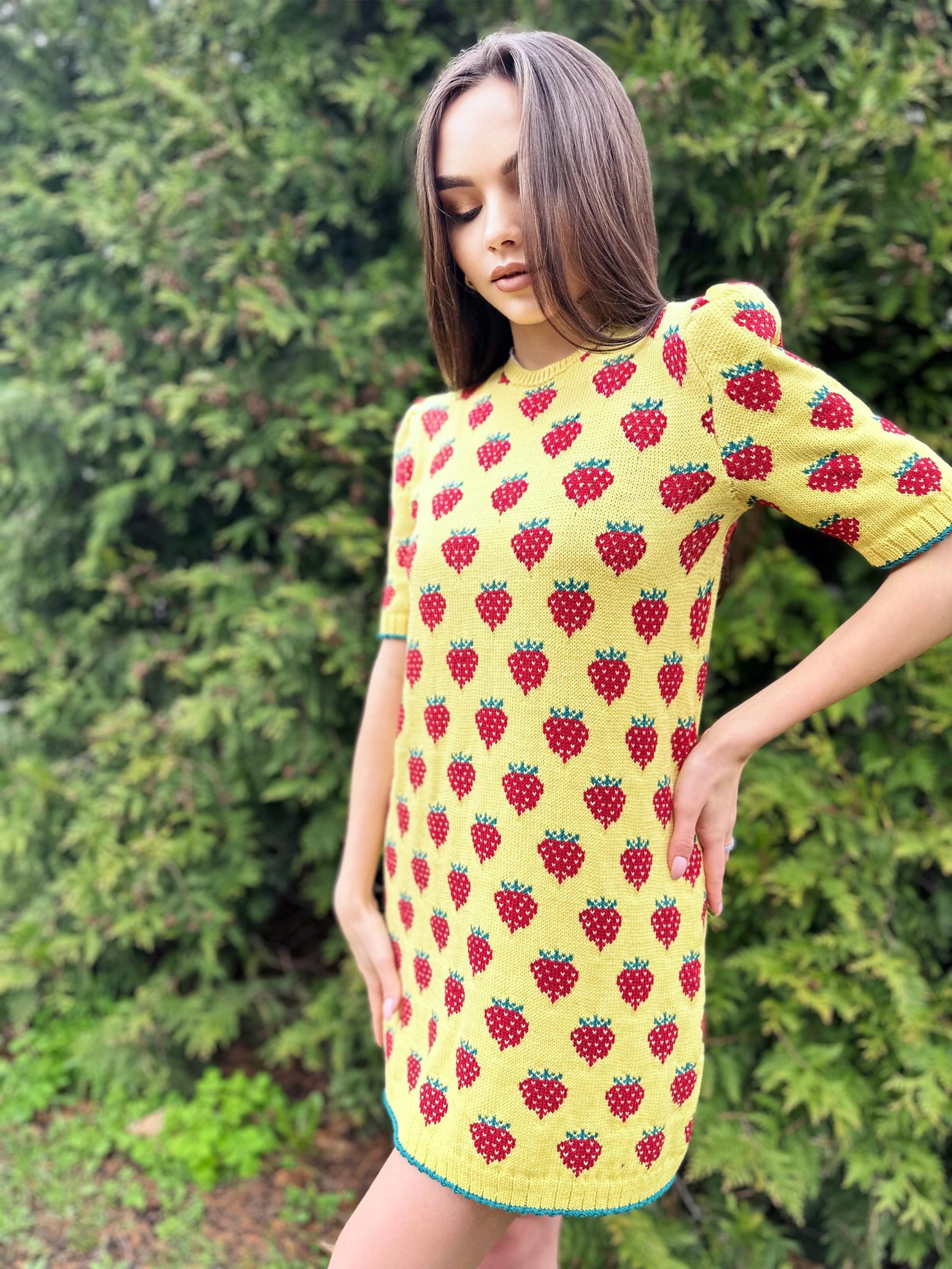 Strawberry wool / cotton lemon yellow mini knitted dress women Crochet yellow dress short puff sleeves Berry Funny summer Printed dress