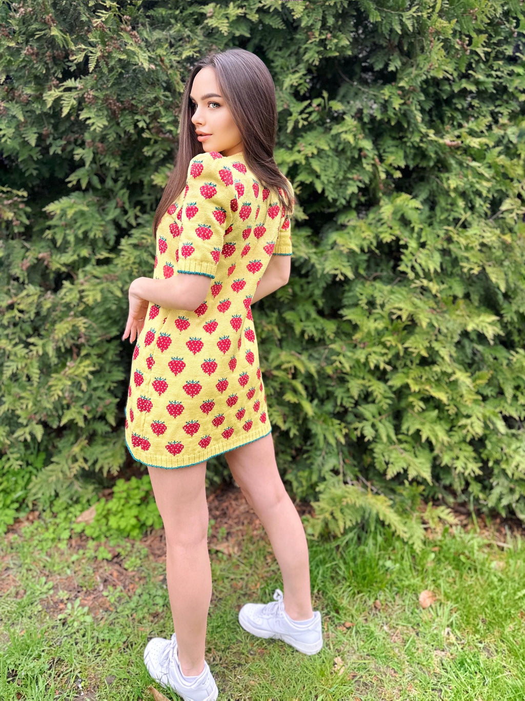 Strawberry wool / cotton lemon yellow mini knitted dress women Crochet yellow dress short puff sleeves Berry Funny summer Printed dress