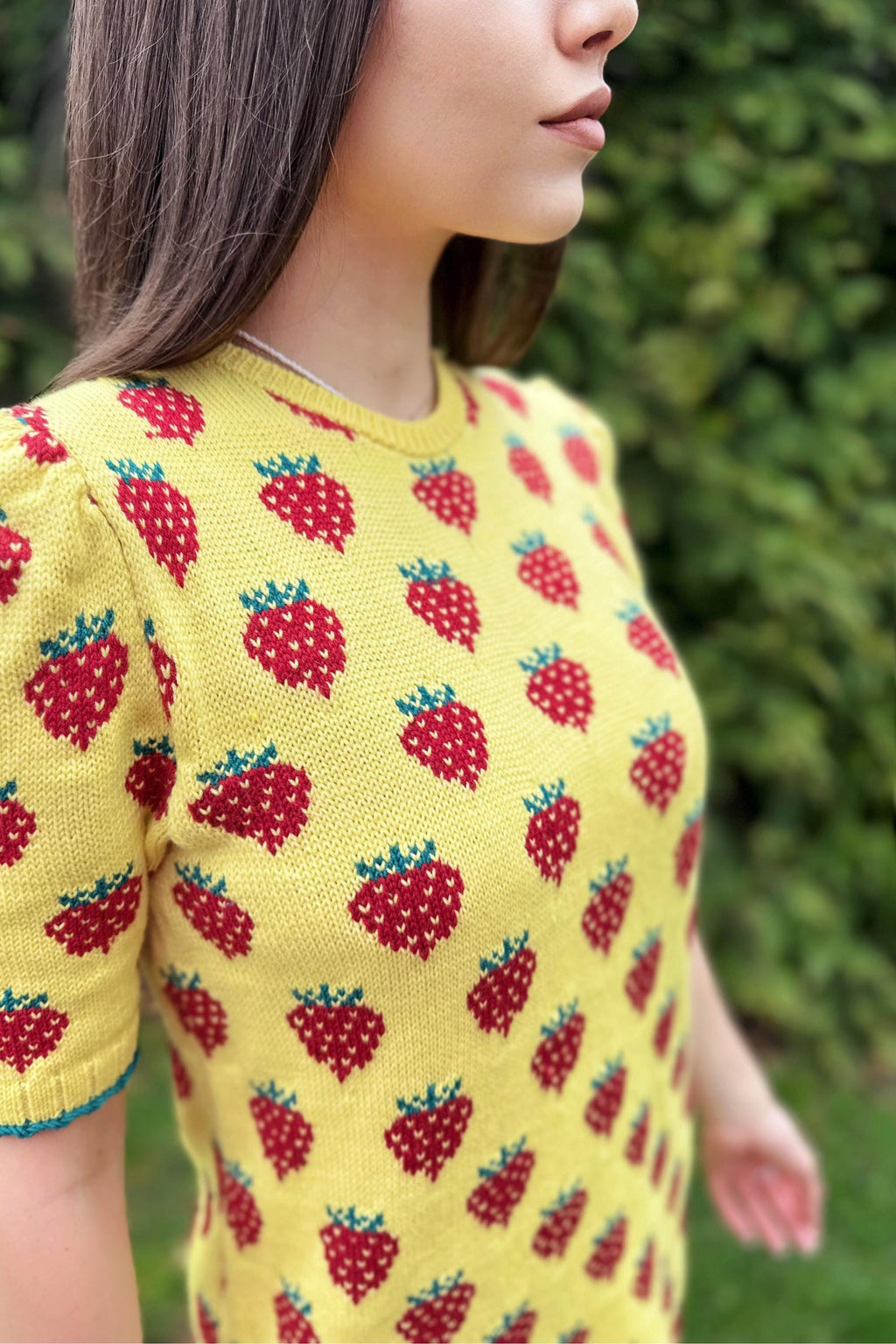 Strawberry wool / cotton lemon yellow mini knitted dress women Crochet yellow dress short puff sleeves Berry Funny summer Printed dress
