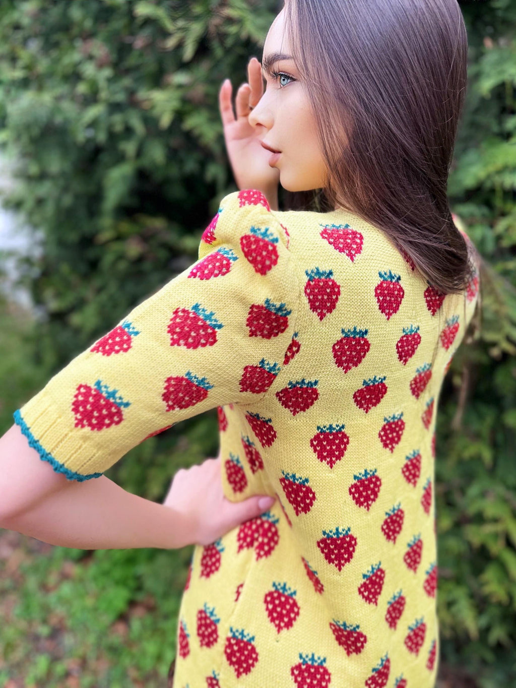 Strawberry wool / cotton lemon yellow mini knitted dress women Crochet yellow dress short puff sleeves Berry Funny summer Printed dress