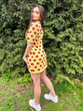 Strawberry wool / cotton lemon yellow mini knitted dress women Crochet yellow dress short puff sleeves Berry Funny summer Printed dress