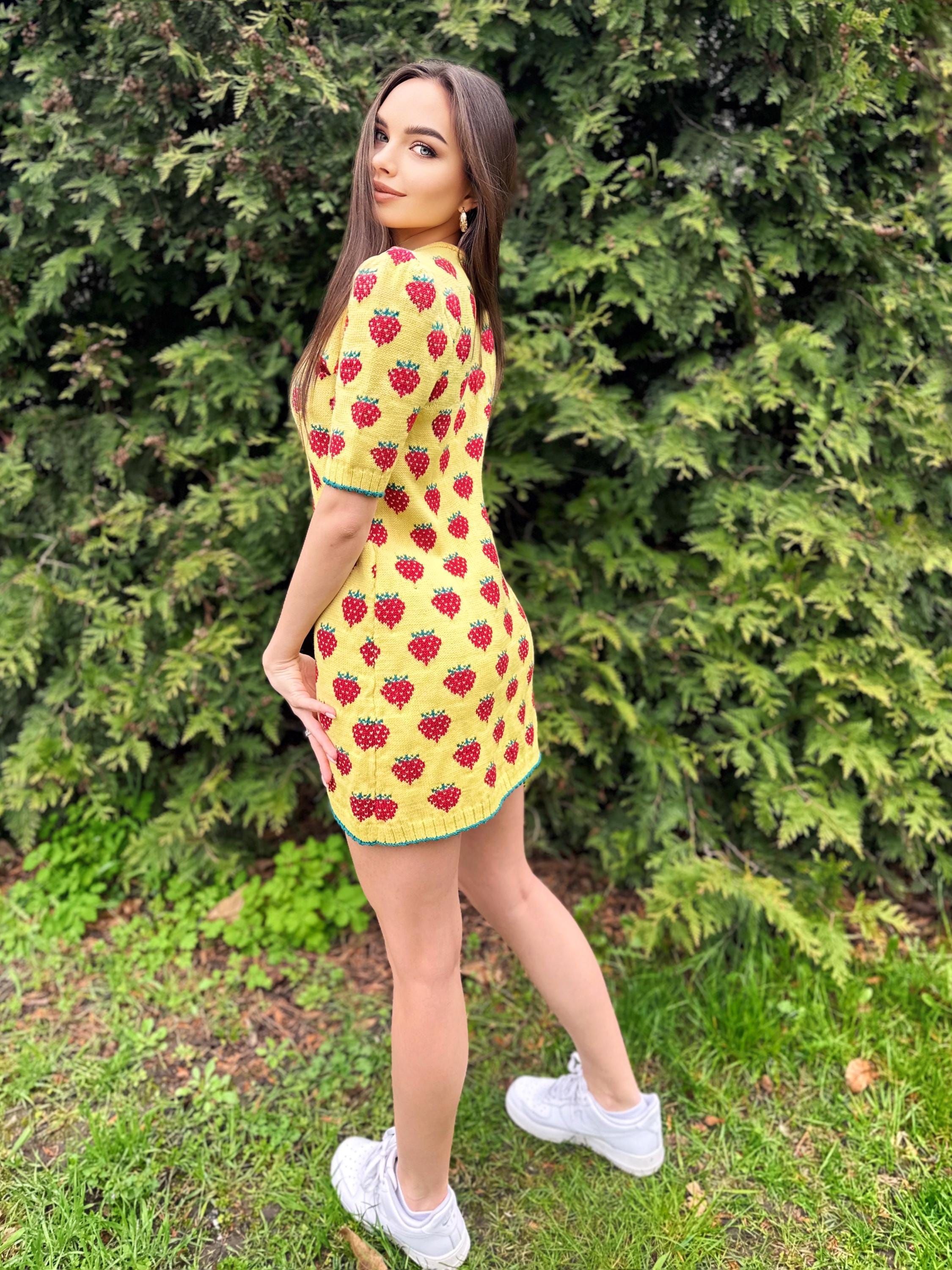 Strawberry wool / cotton lemon yellow mini knitted dress women Crochet yellow dress short puff sleeves Berry Funny summer Printed dress