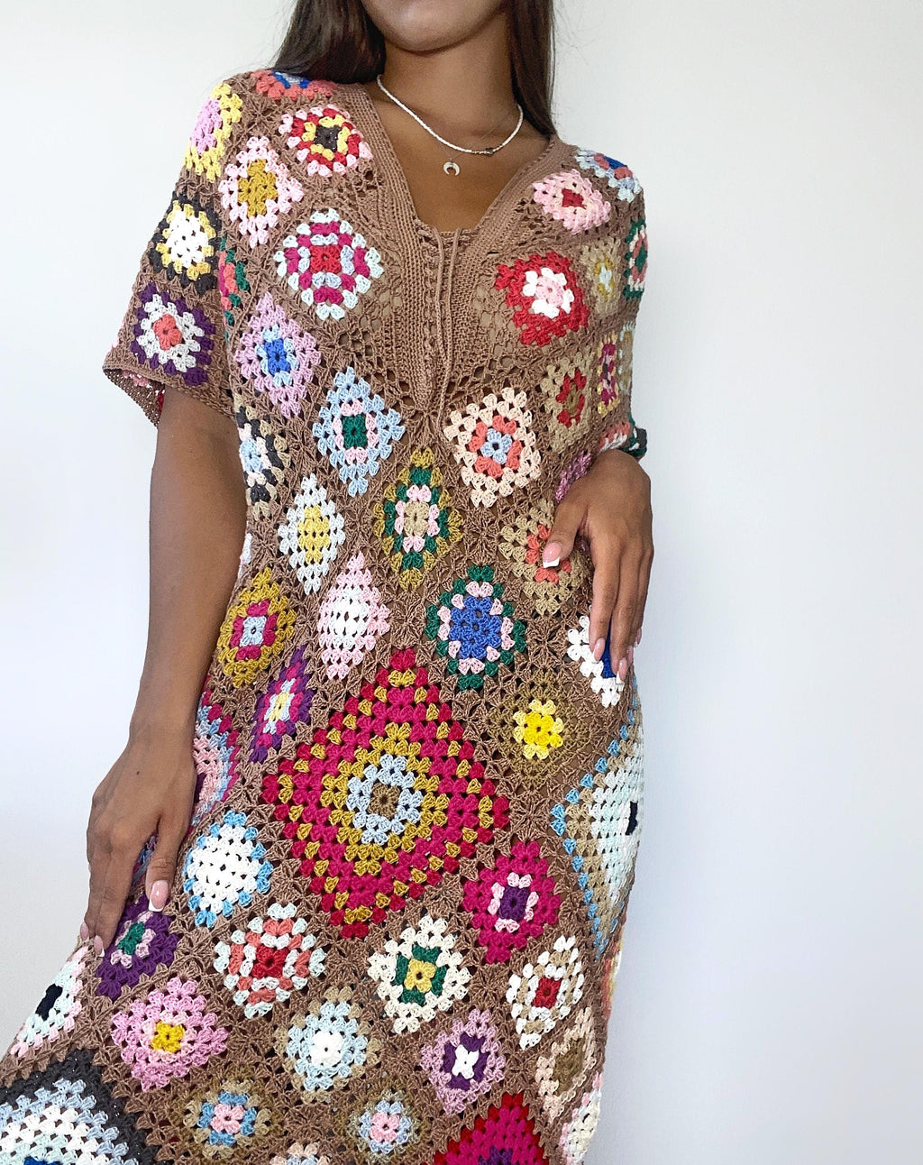 Crochet granny square cotton dress Crochet afghan dress Boho White Caramel Beige dress Colorful Midi cotton Festival Clothing Vintage Style