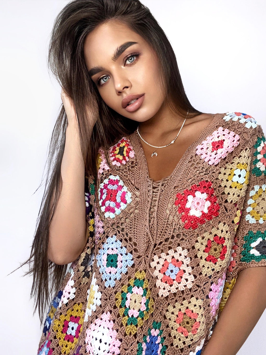 Crochet granny square cotton dress Crochet afghan dress Boho White Caramel Beige dress Colorful Midi cotton Festival Clothing Vintage Style