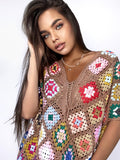 Crochet granny square cotton dress Crochet afghan dress Boho White Caramel Beige dress Colorful Midi cotton Festival Clothing Vintage Style