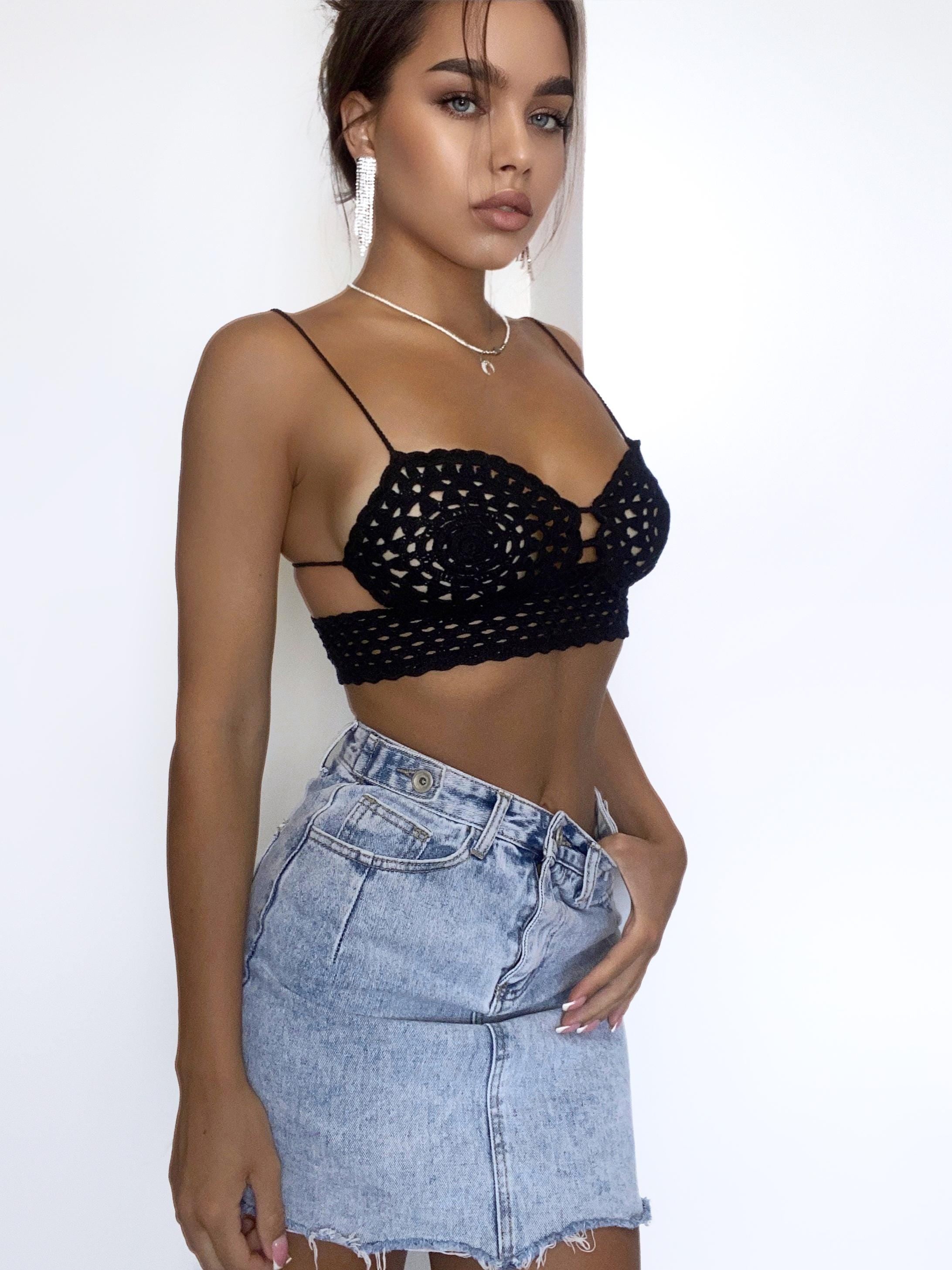 Crochet crop black sexy openwork summer top on thin straps for women Handmade cropped Festival top Short tank top croche bra Sleeveless top