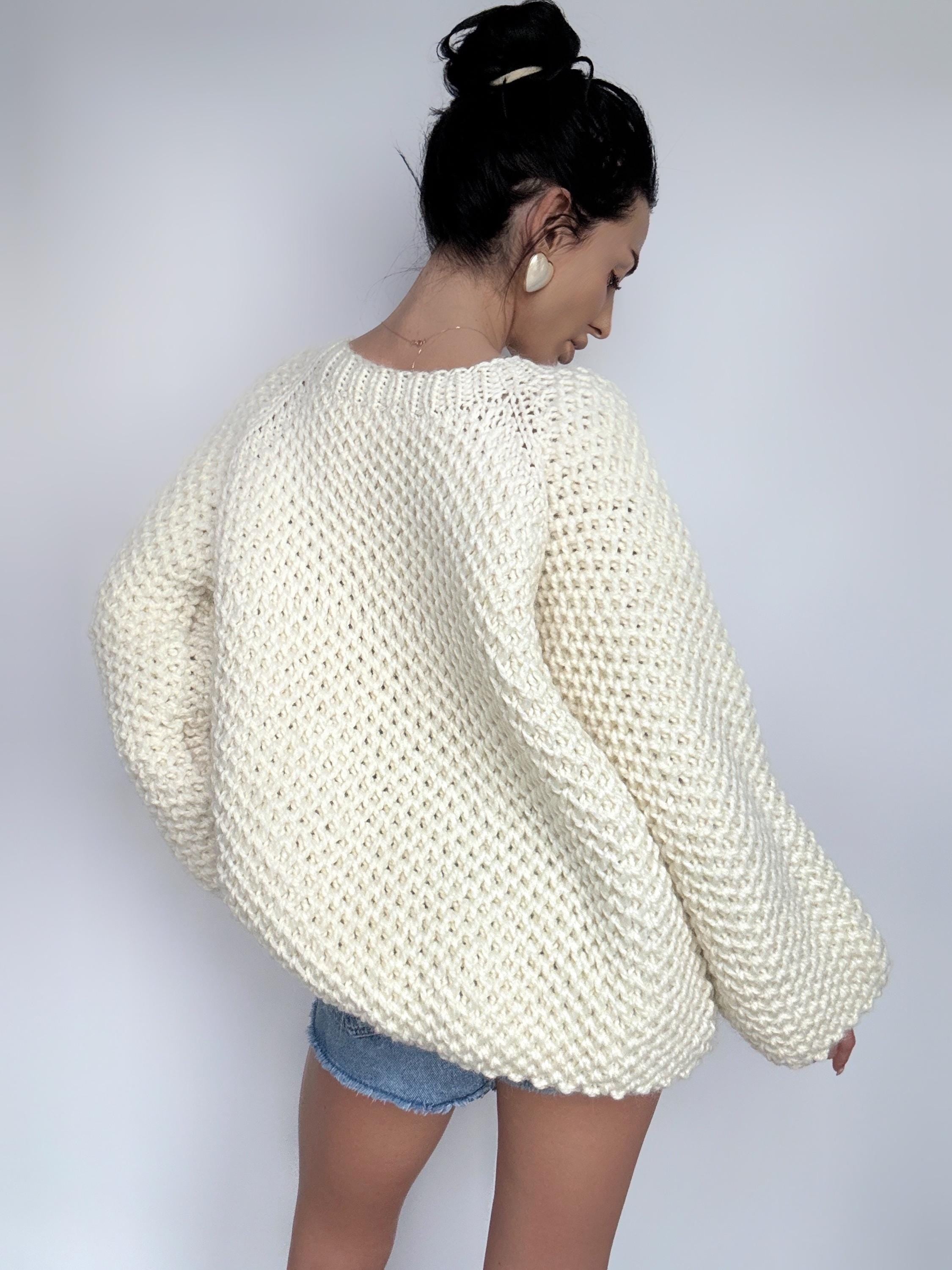 Chunky hand knit UNISEX alpaca wool mix soft cream milk sweater women Loose Fit Sweater Cable knit big cozy pullover for men