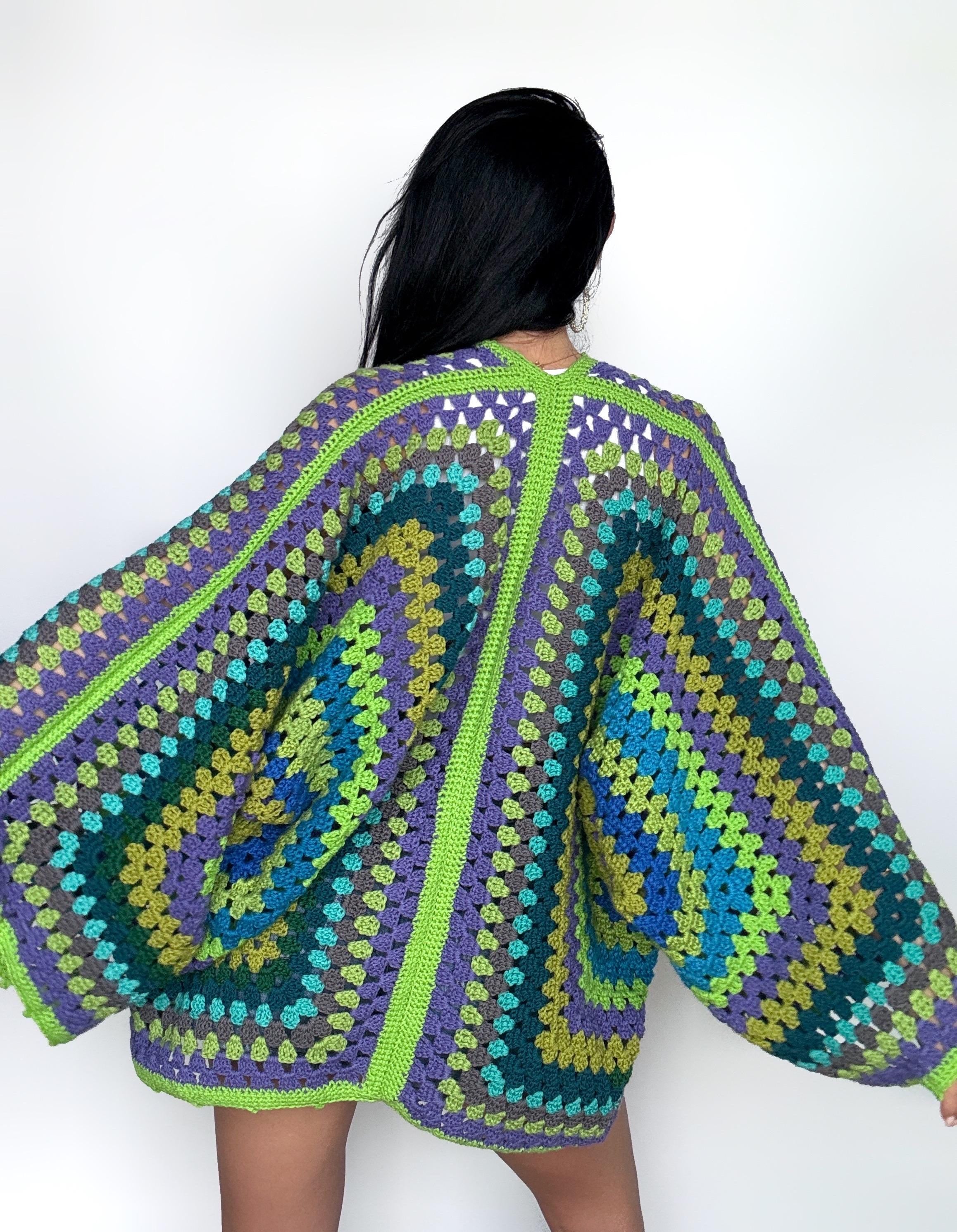 Crochet green kimono cardigan womens Granny Stitch Cardigan Bomber Boho style Oversize handmade Jacket Haori Open wool jacket Hexagon Coat
