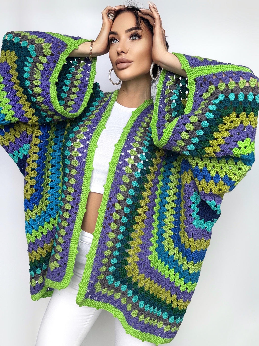 Crochet green merino wool mixture cardigan womens Granny Stitch Cardigan Boho style Oversize Jacket Haori Open wool jacket Hexagon Coat