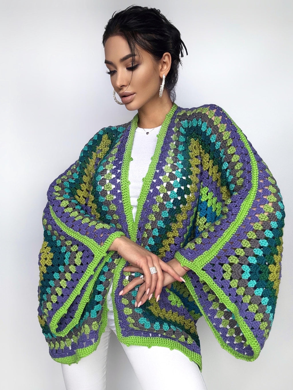 Crochet green kimono cardigan womens Granny Stitch Cardigan Bomber Boho style Oversize handmade Jacket Haori Open wool jacket Hexagon Coat